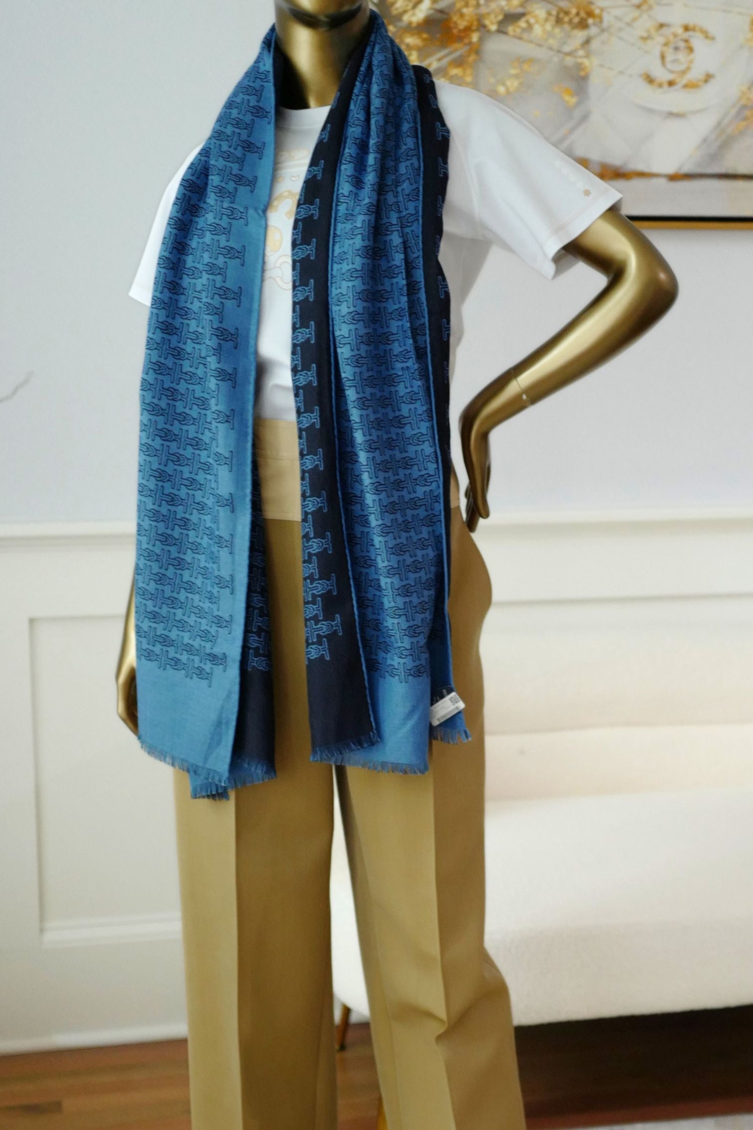 Hermès H Marin Reversible Scarf Cashmere Silk Marine / Bleu Océan