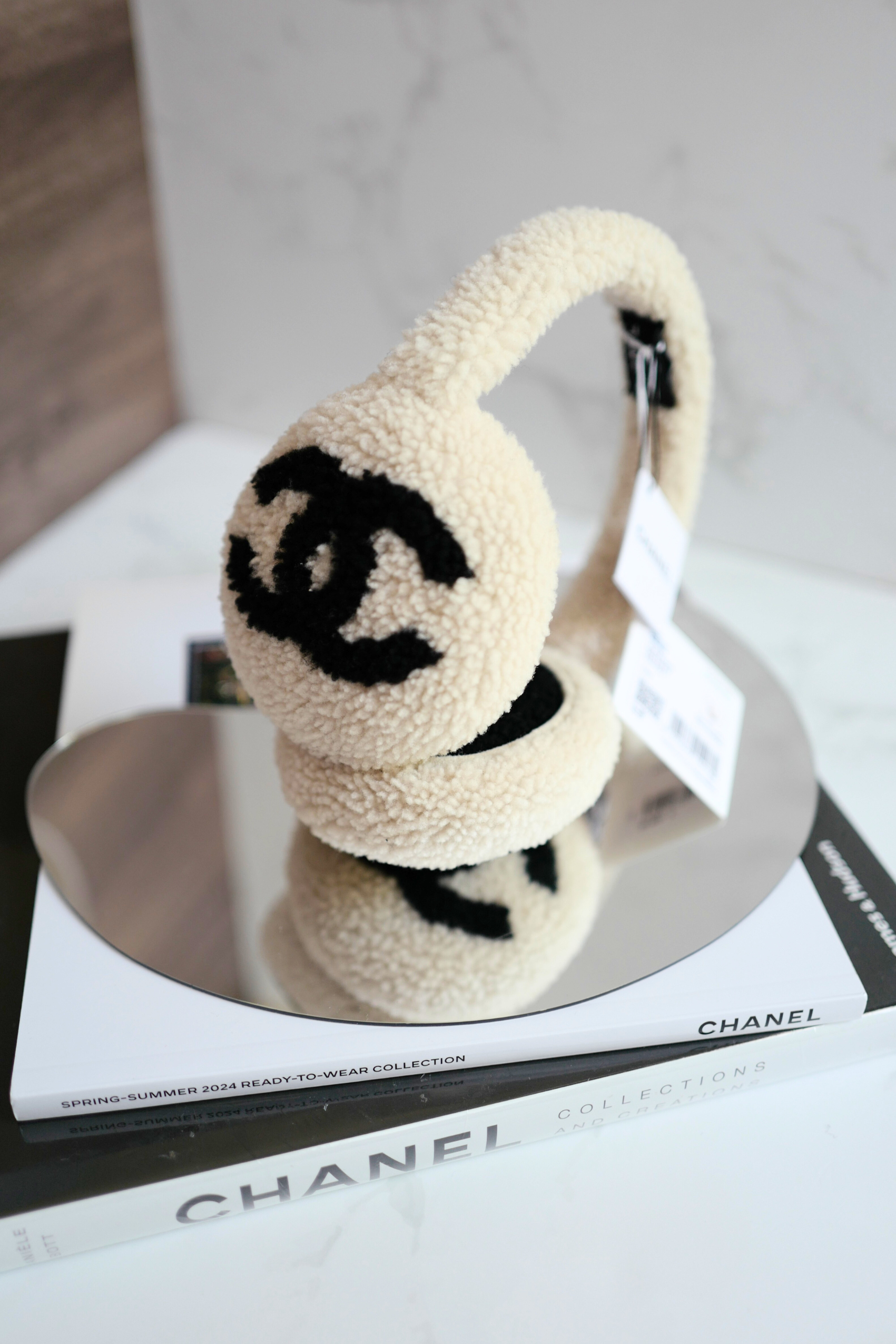 BNIB Chanel CC Earmuffs in Shearling Wool Ecru/Black
