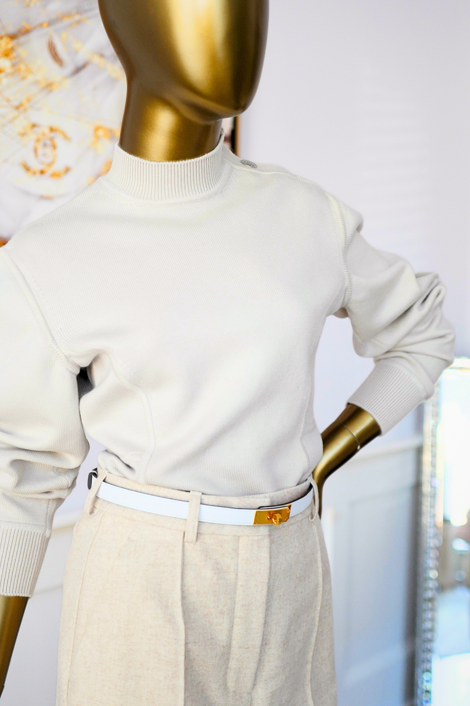 Hermès Sweater with Ferronnerie Button Details Jewel Knit Mock Neck Size 36 Beige Sable