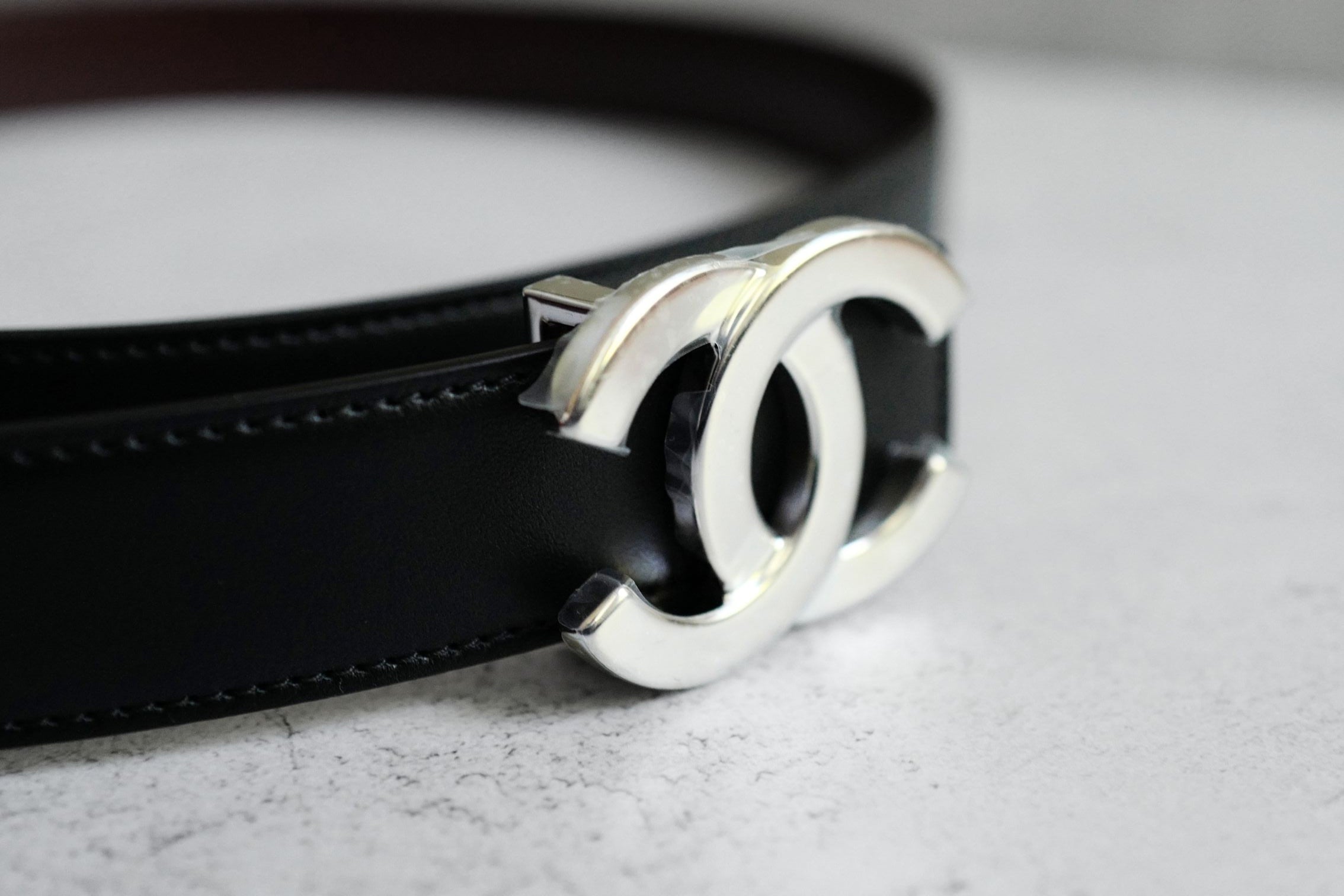 Chanel CC Reversible Belt Black Burgundy Silver Calfskin Metal Size 85