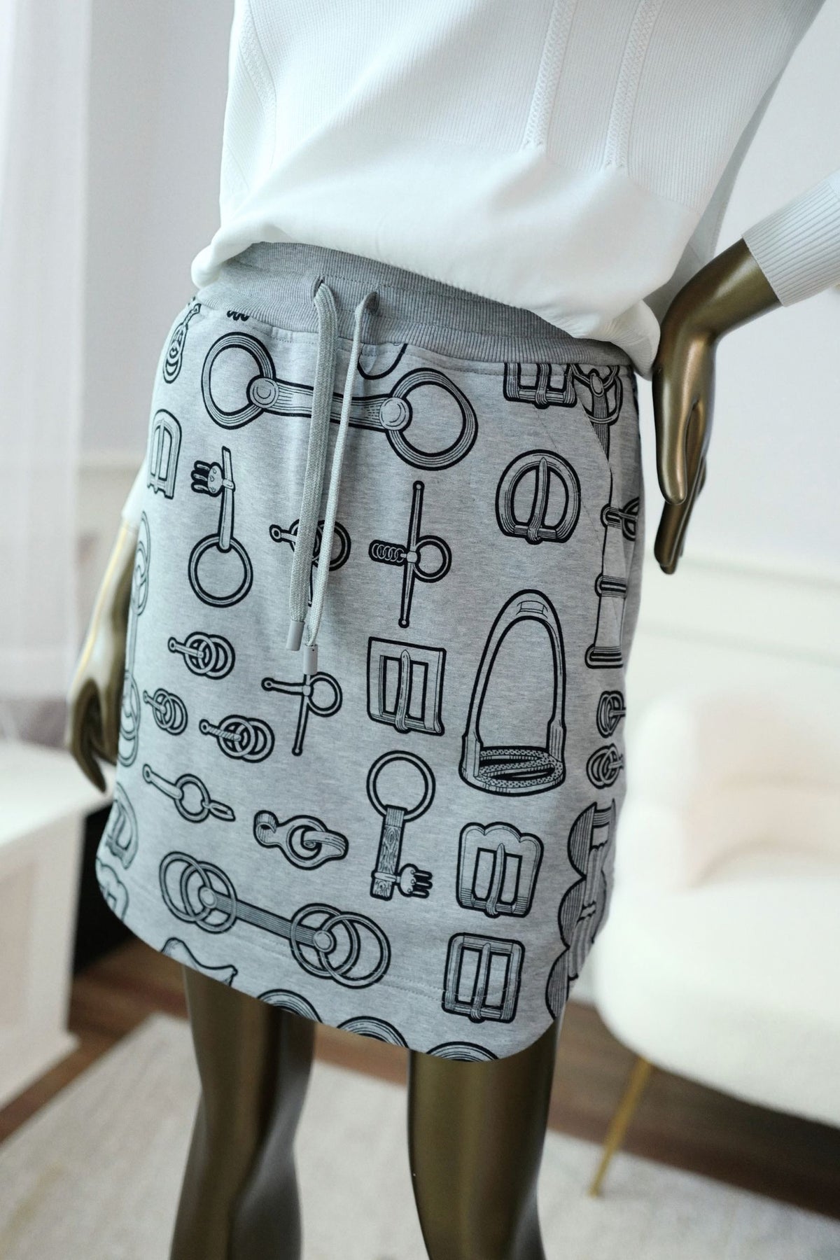 Hermes "Cahier du Colporteur" Cotton Mini Skirt Gris Byzantin Size 36