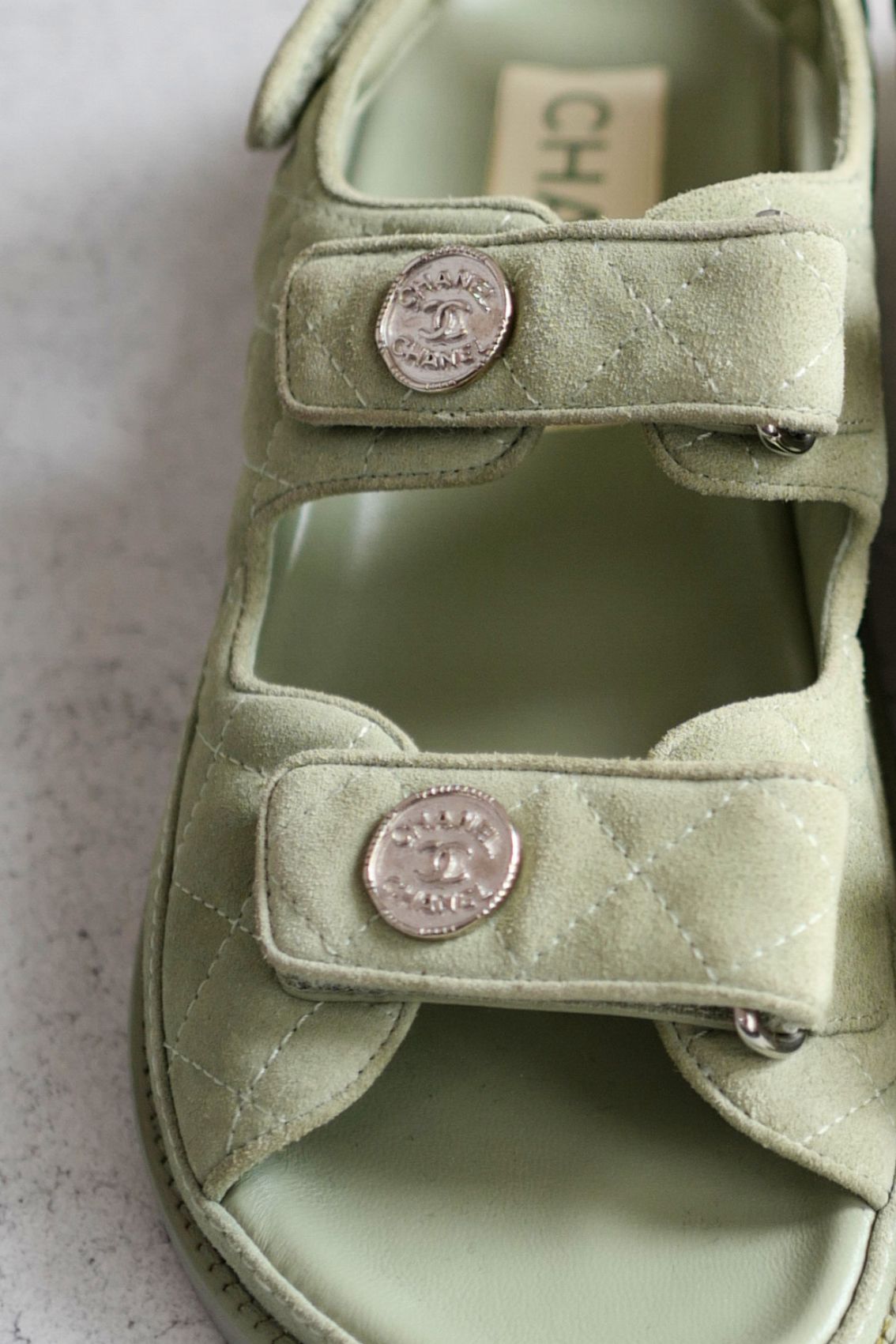 Chanel DAD SANDALS Green SUEDE LEATHER SANDAL Size 37 BNIB