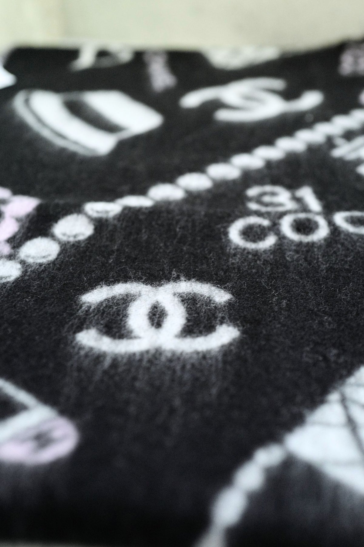 NEW Chanel 25B Black White Wool & Silk Scarf with Pearl Decoration