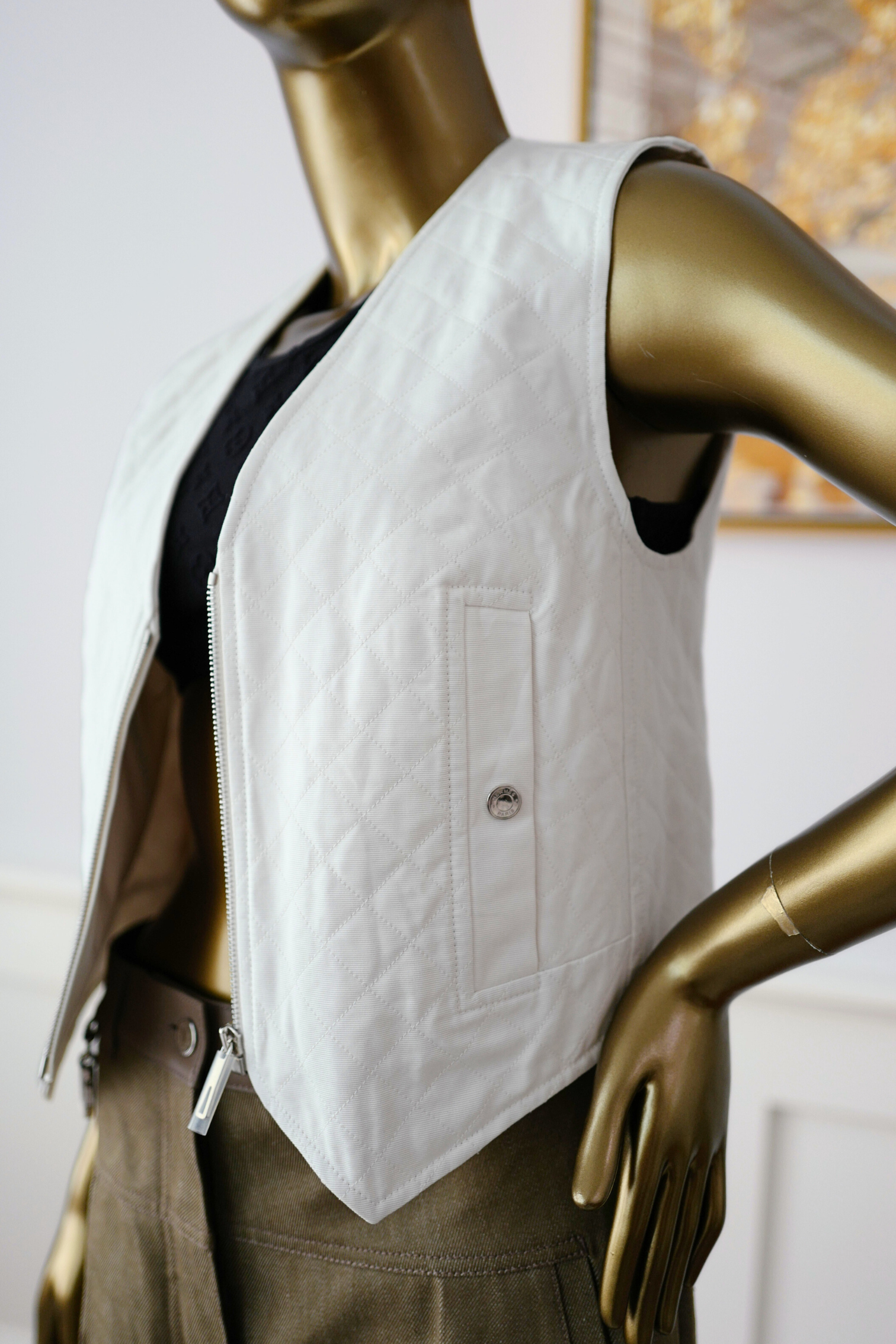 New Hermès Quilted Sleeveless Waistcoat Vest Blanc Naturel White Size 34