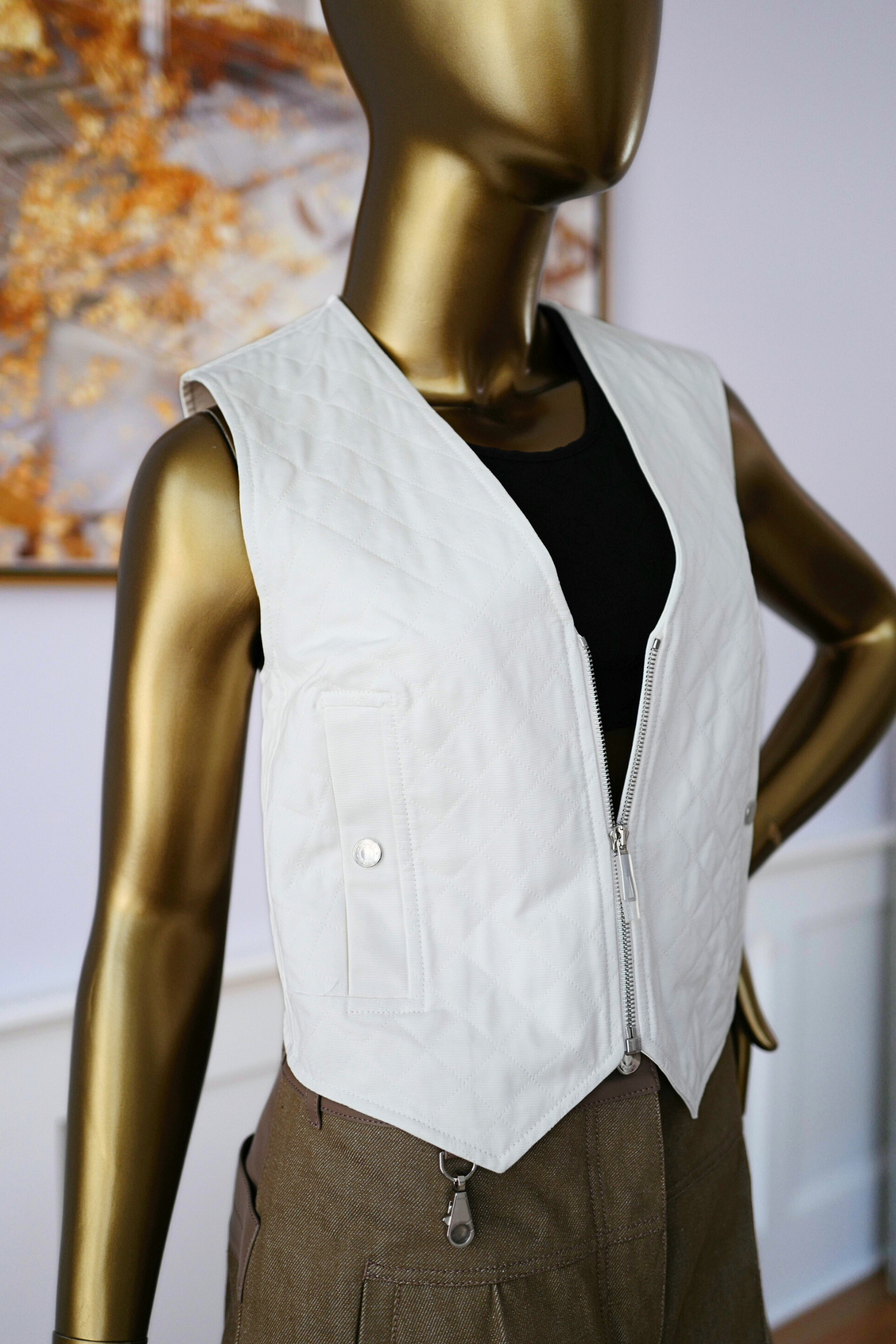 New Hermès Quilted Sleeveless Waistcoat Vest Blanc Naturel White Size 34