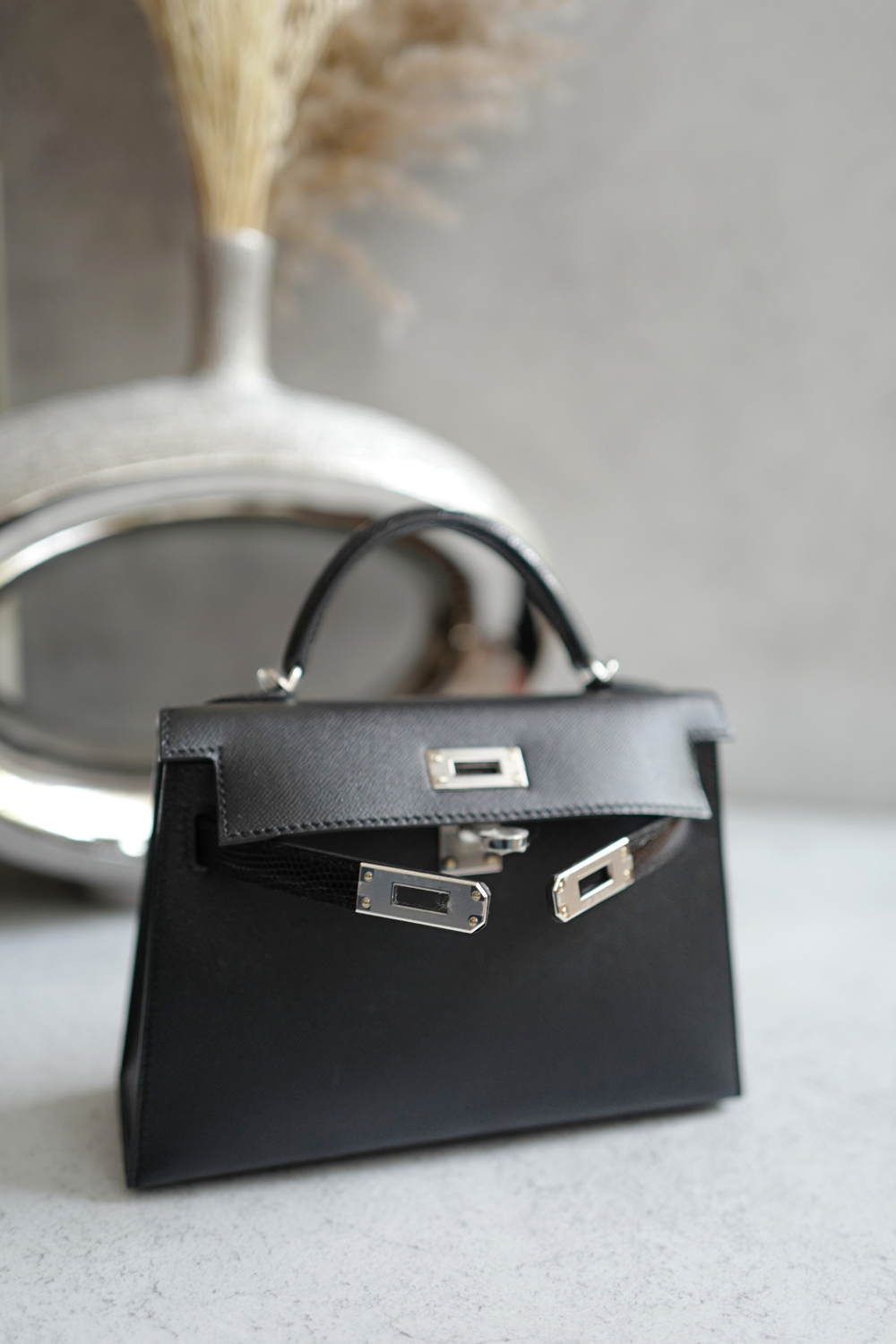 BNIB Hermes Mini Kelly Touch Veau Madame Lizard Black with Palladium HW