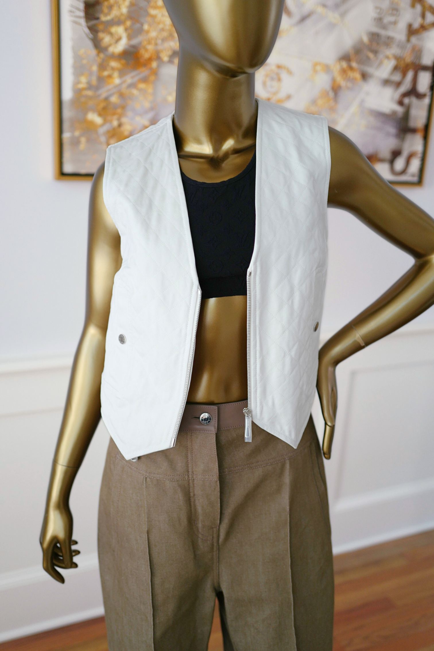 New Hermès Quilted Sleeveless Waistcoat Vest Blanc Naturel White Size 34
