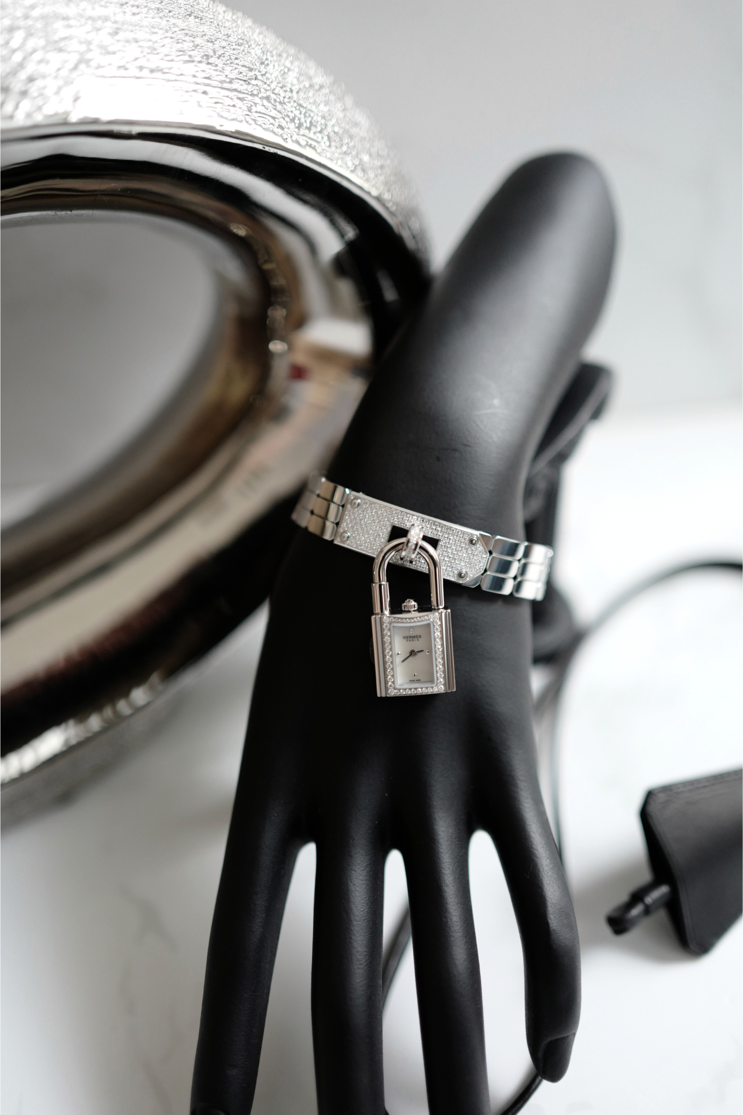 BNIB Hermes Kelly Watch Mini Model, 16 mm, Diamond Stainless Steel Bracelet