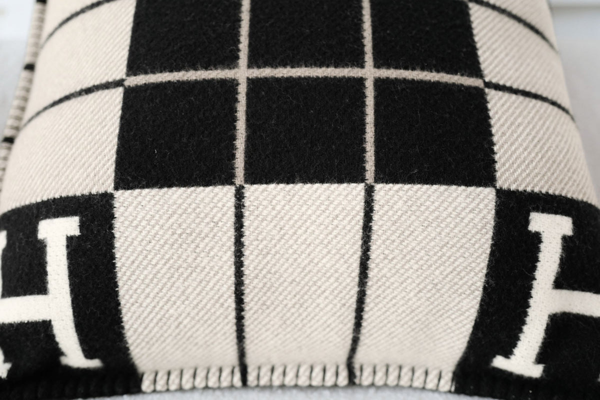 New Hermes Avalon III Jacquard Cushion Petit Modele Wool Cashmere Ecru Noir
