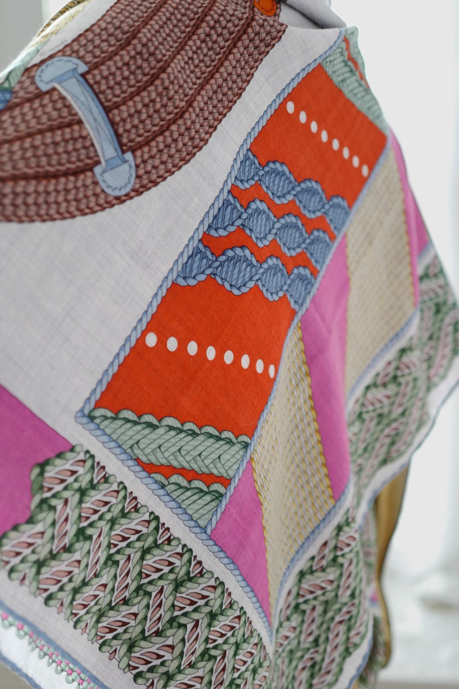 Hermès Dressage Tressage Shawl 140 Bleu Ciel/Rose Rouge Cashmere Silk