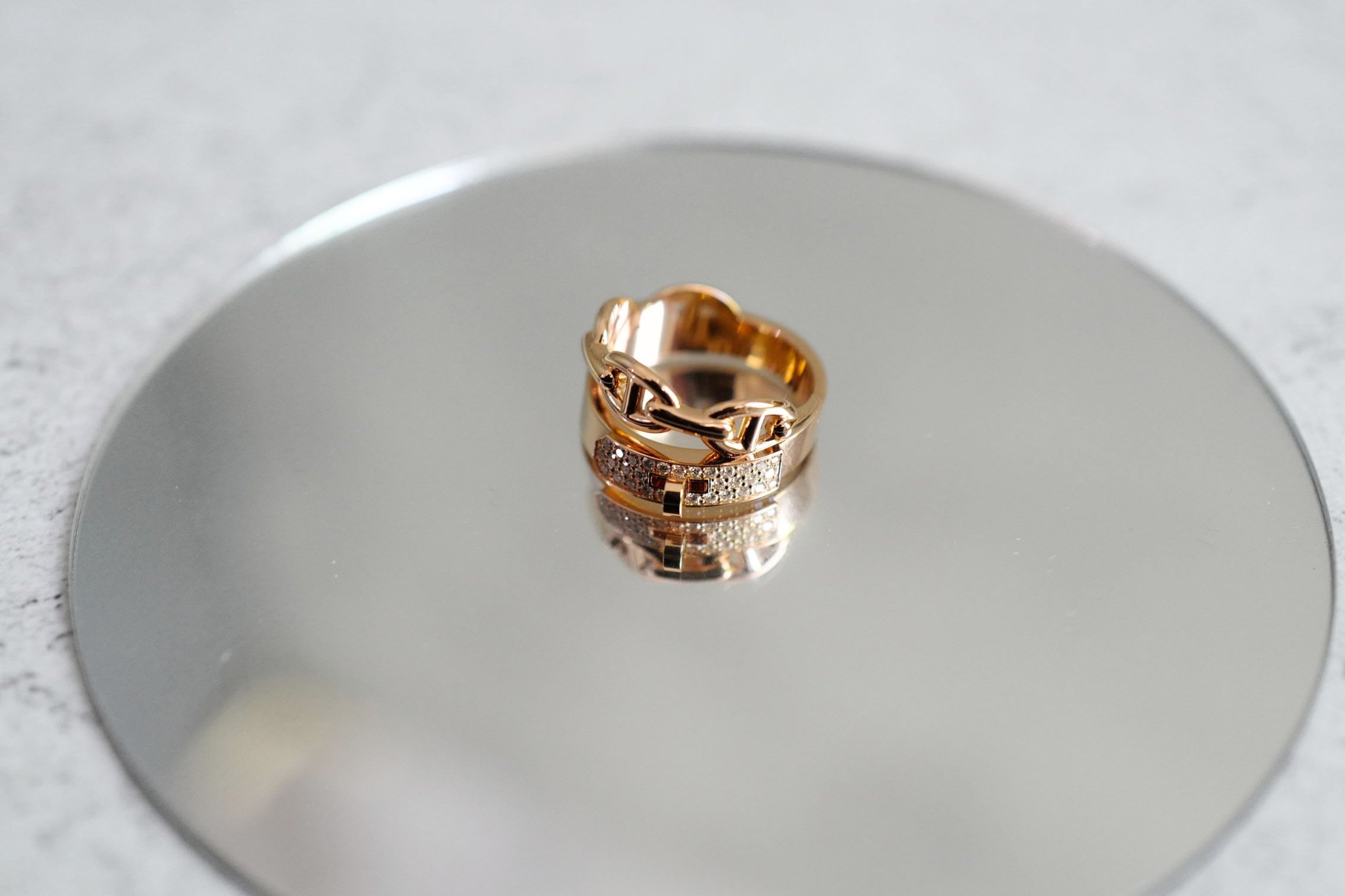Hermès Kelly Alchimie Double Tour Ring 18K Rose Gold 32 Diamonds Size 53