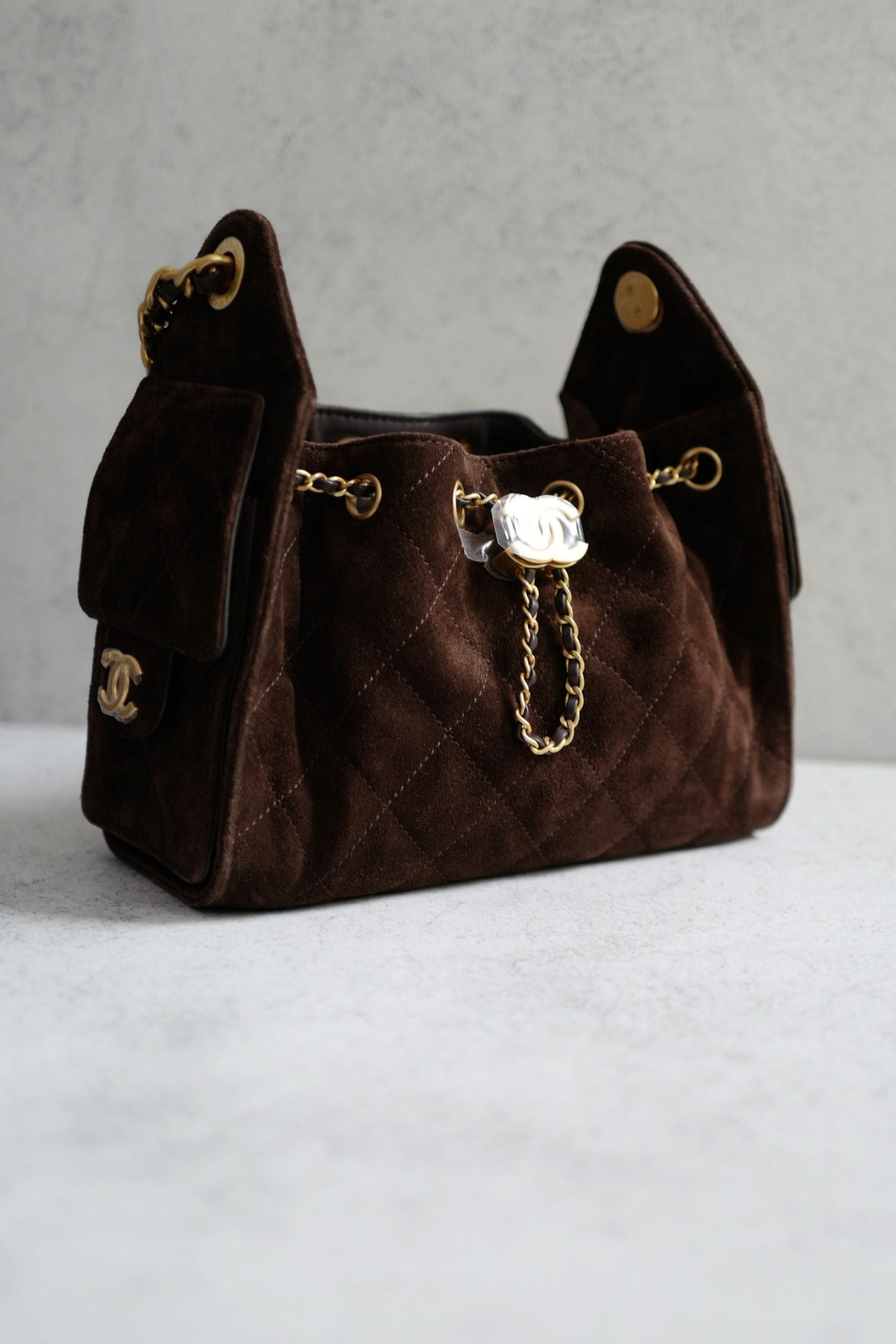 Chanel 26C Mini Hobo Dark Brown Suede Calfskin Gold Hardware