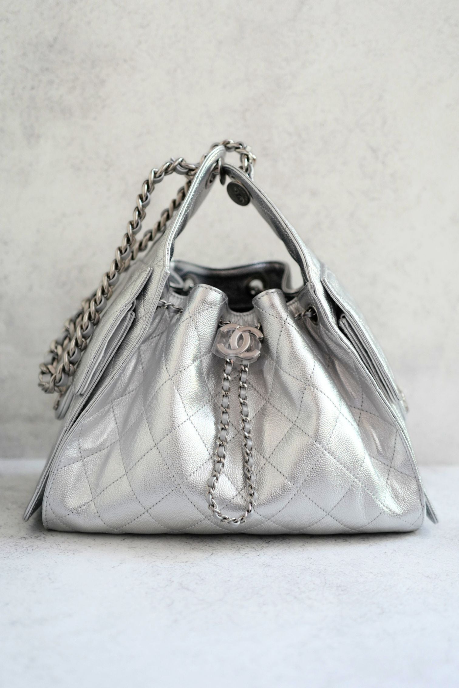 Chanel 26C Small Hobo Silver Metallic Grained Calfskin Silver Hardware