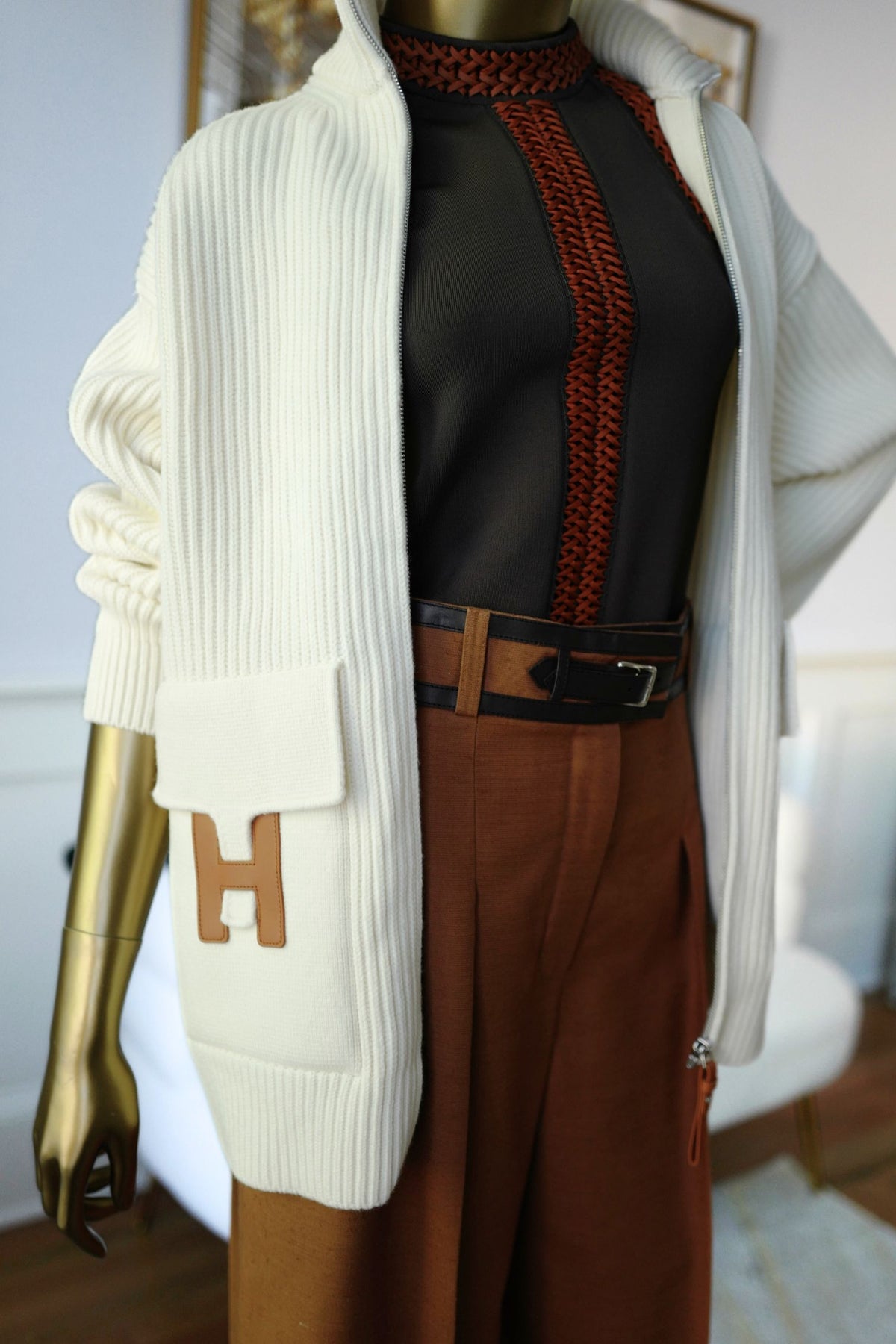 NEW Hermes Blouson Cardigan Wool Knit Blanc Naturel Size 34