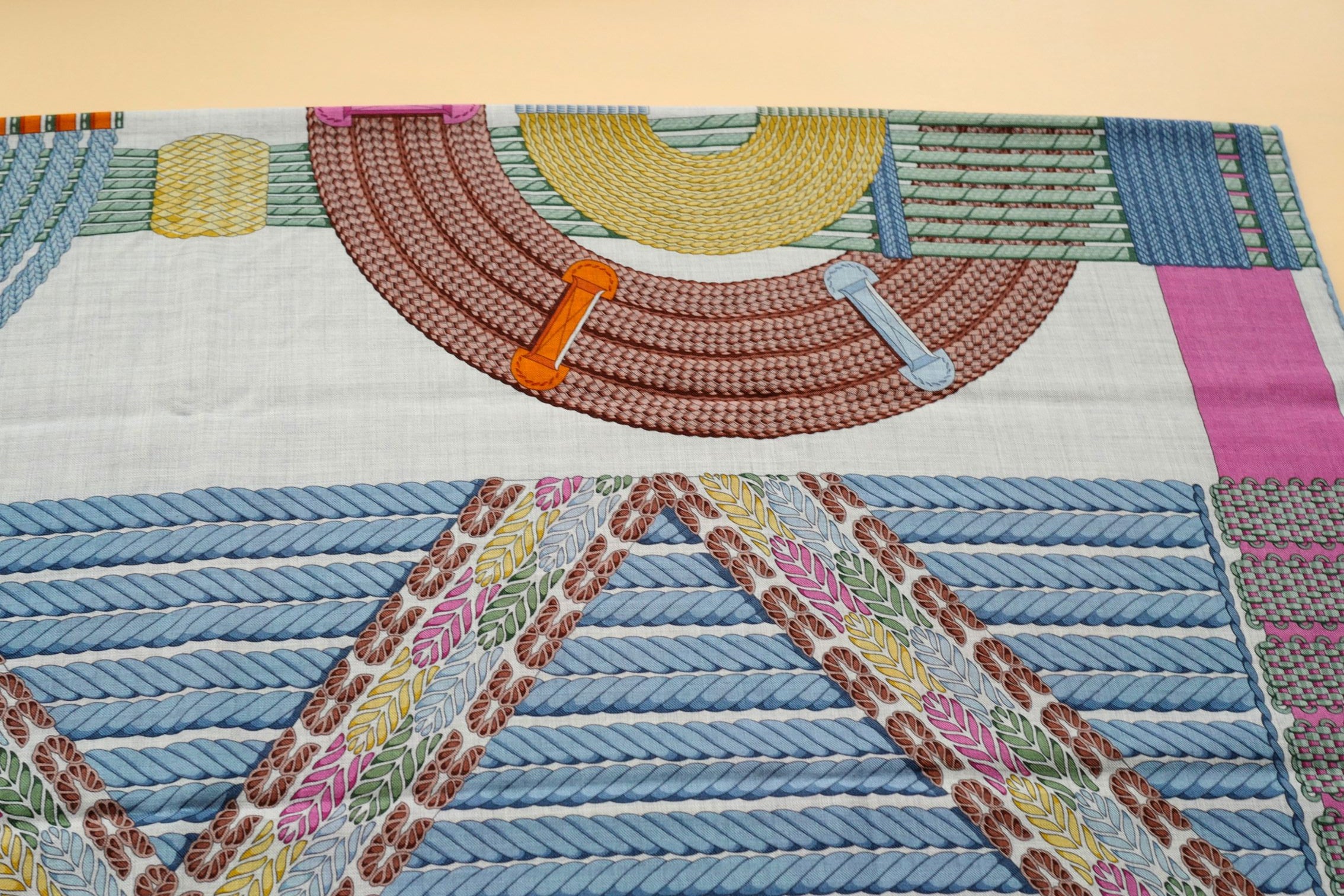 Hermès Dressage Tressage Shawl 140 Bleu Ciel/Rose Rouge Cashmere Silk