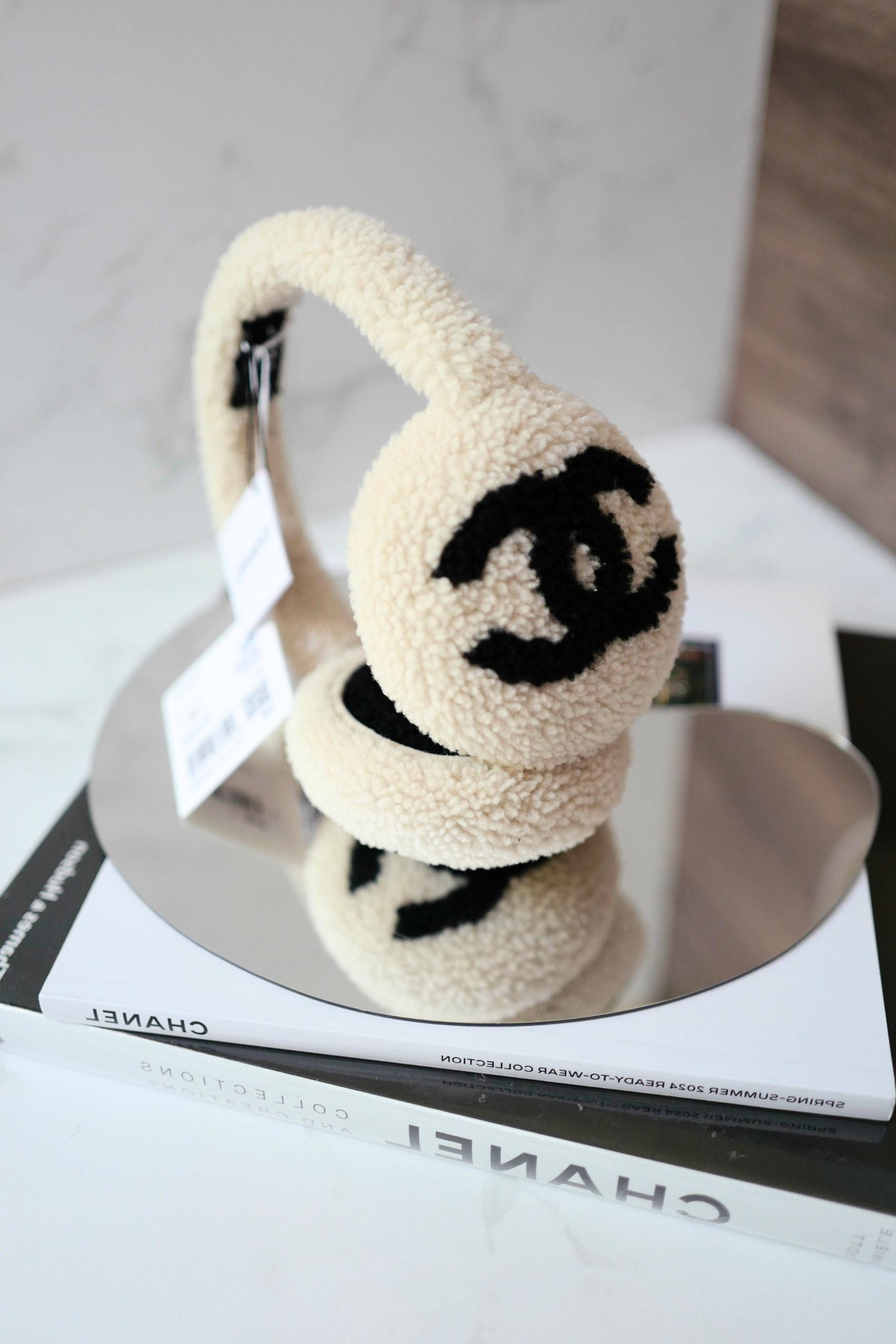 BNIB Chanel CC Earmuffs in Shearling Wool Ecru/Black