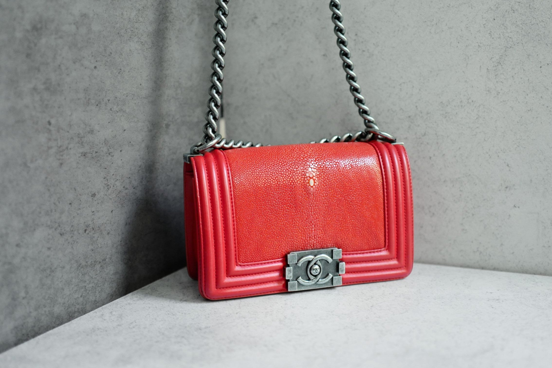 Preloved Chanel Boy Red Small In Stingray Ruthenium HW Limited Edition #18