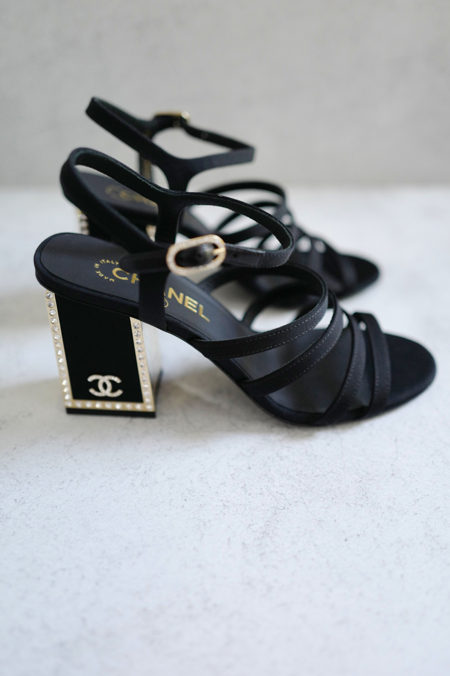 BNIB Chanel 24B Strappy Heels in Black with Crystals Rhinestone Heels size 38