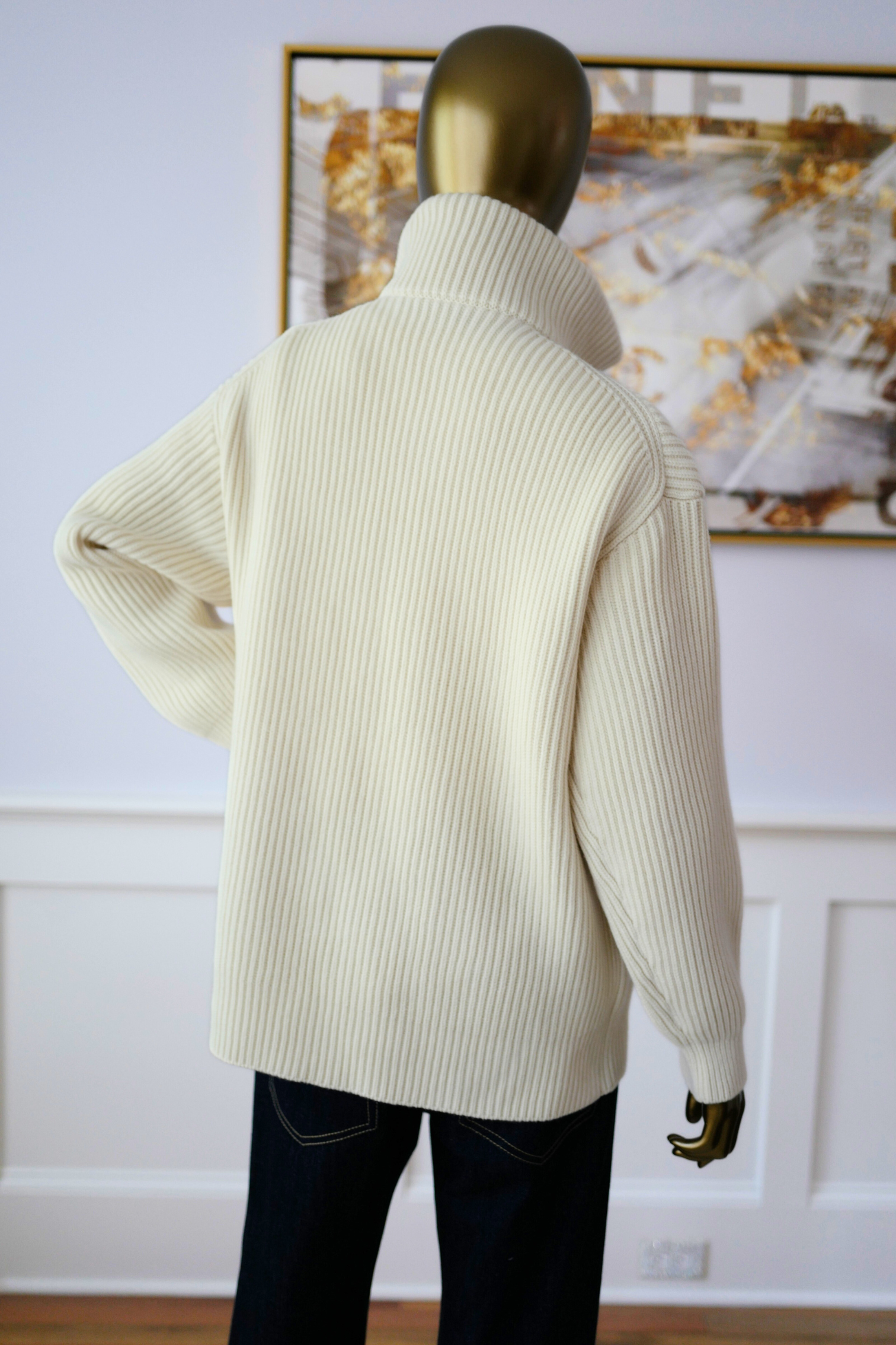 New Hermes Blouson Details Cuir cardigan Virgin Wool size 36