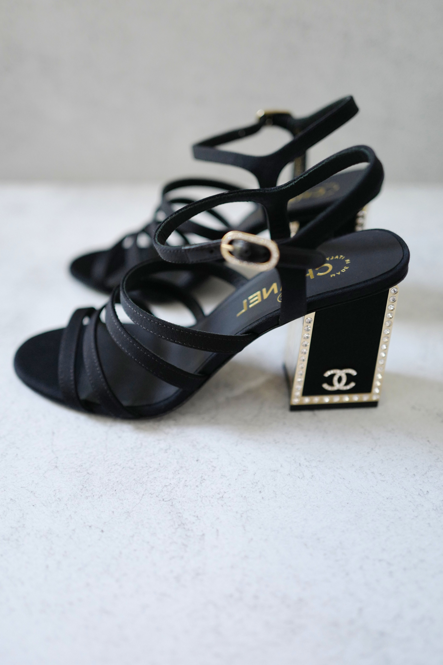 BNIB Chanel 24B Strappy Heels in Black with Crystals Rhinestone Heels size 38
