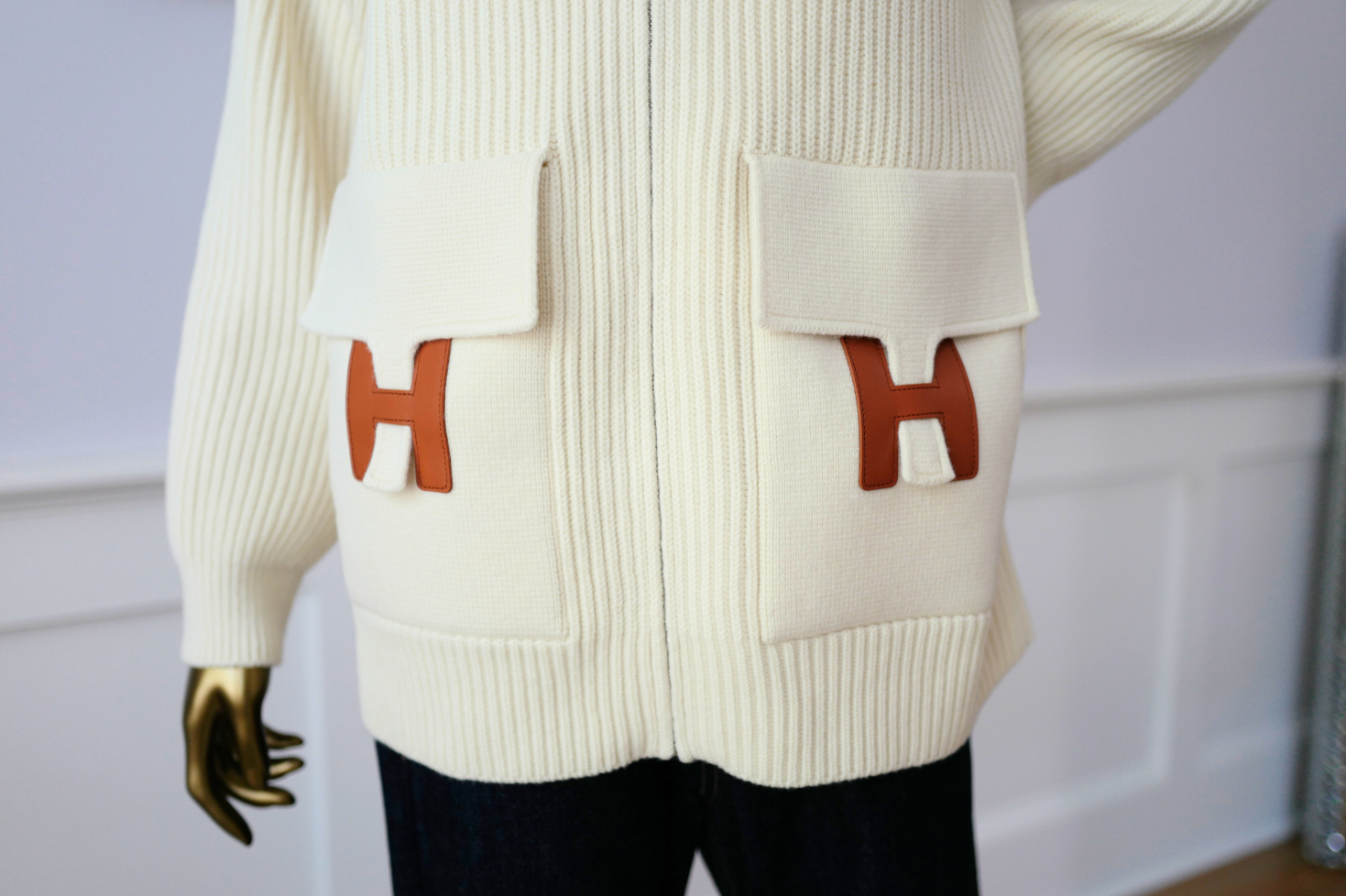 New Hermes Blouson Details Cuir cardigan Virgin Wool size 36