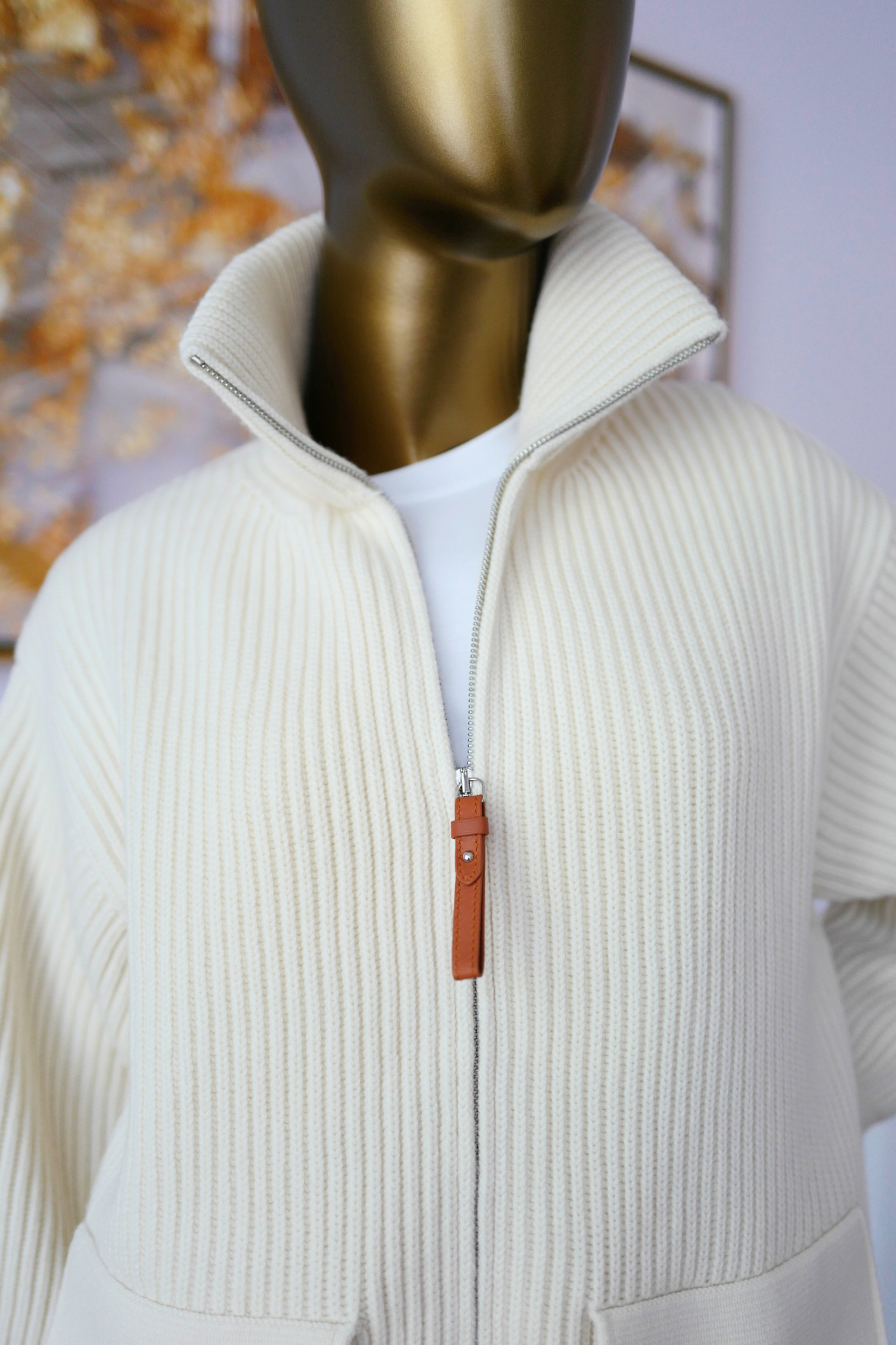 New Hermes Blouson Details Cuir cardigan Virgin Wool size 36