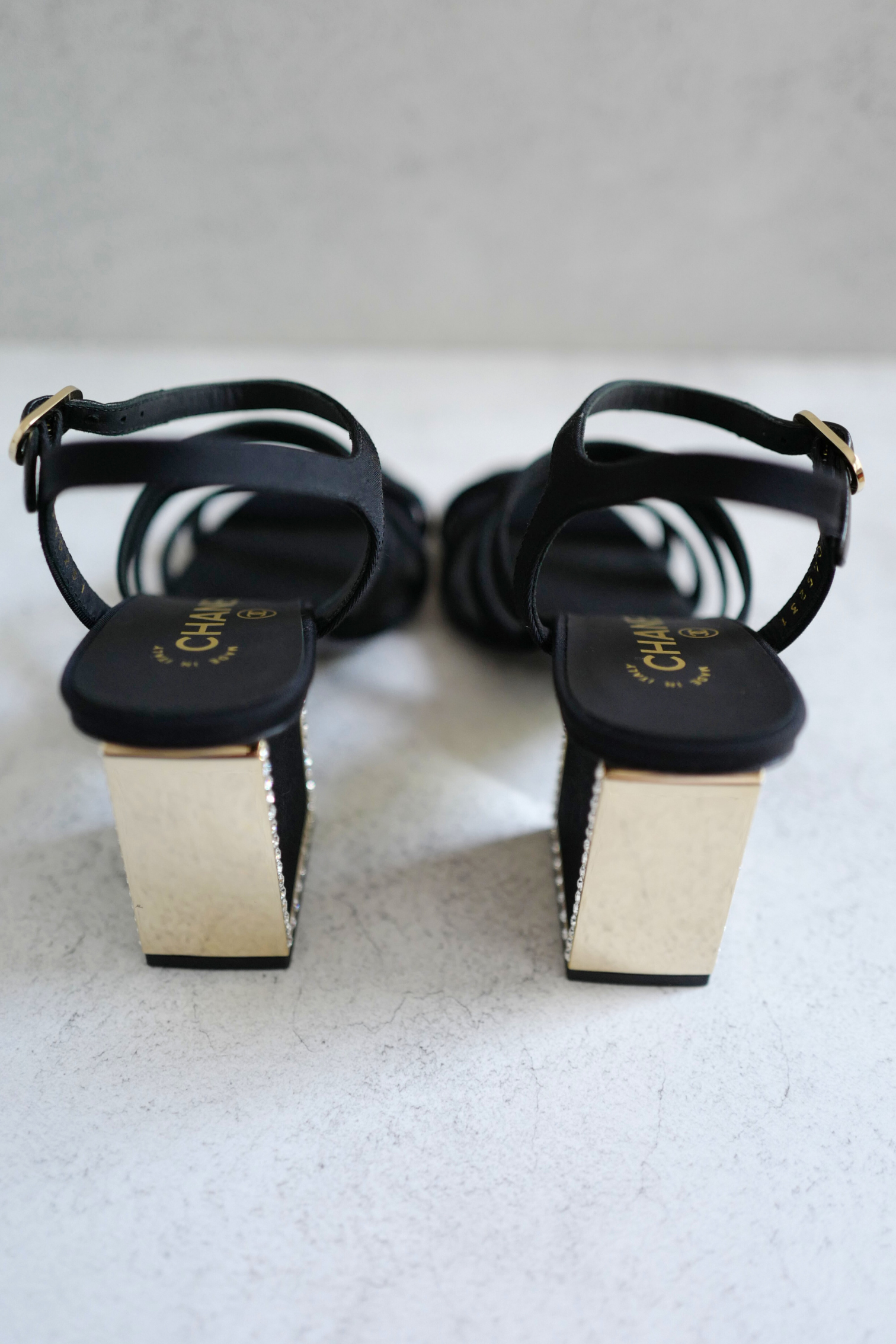 BNIB Chanel 24B Strappy Heels in Black with Crystals Rhinestone Heels size 38