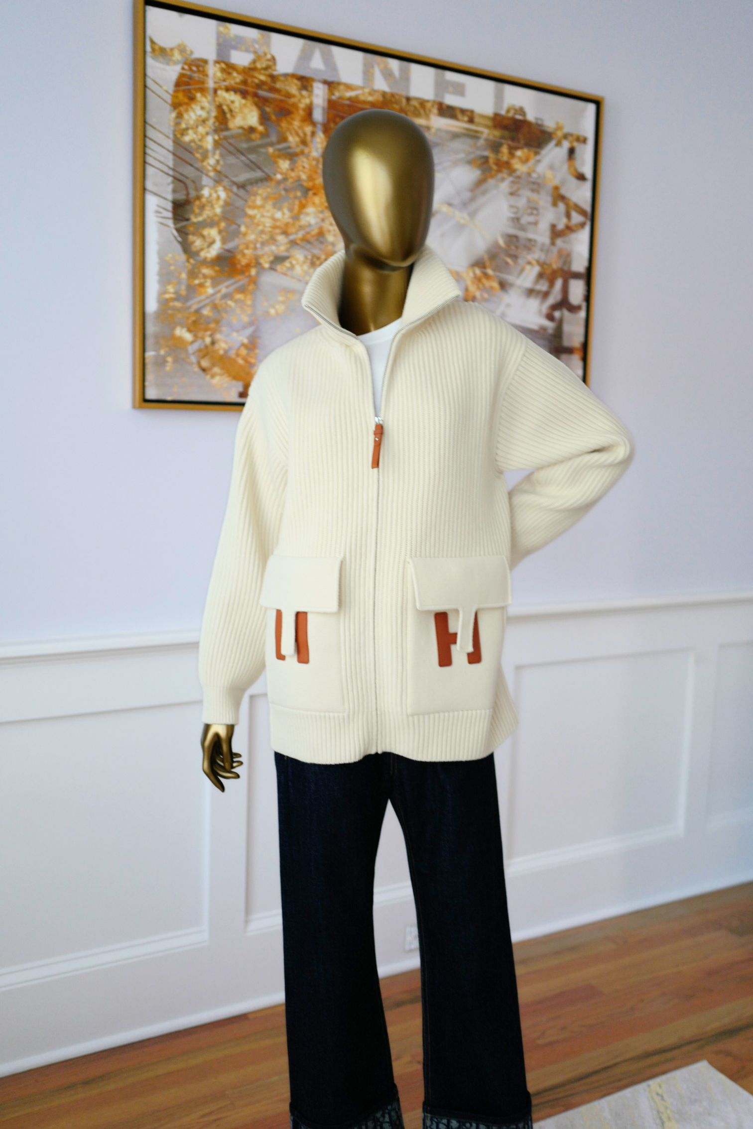 New Hermes Blouson Details Cuir cardigan Virgin Wool size 36