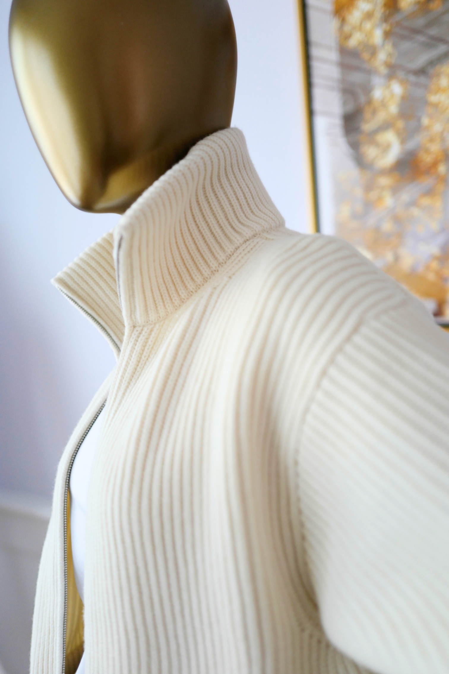 New Hermes Blouson Details Cuir cardigan Virgin Wool size 36