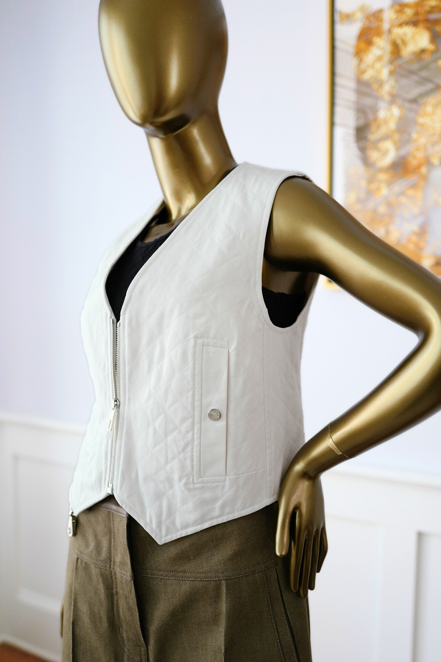 New Hermès Quilted Sleeveless Waistcoat Vest Blanc Naturel White Size 34