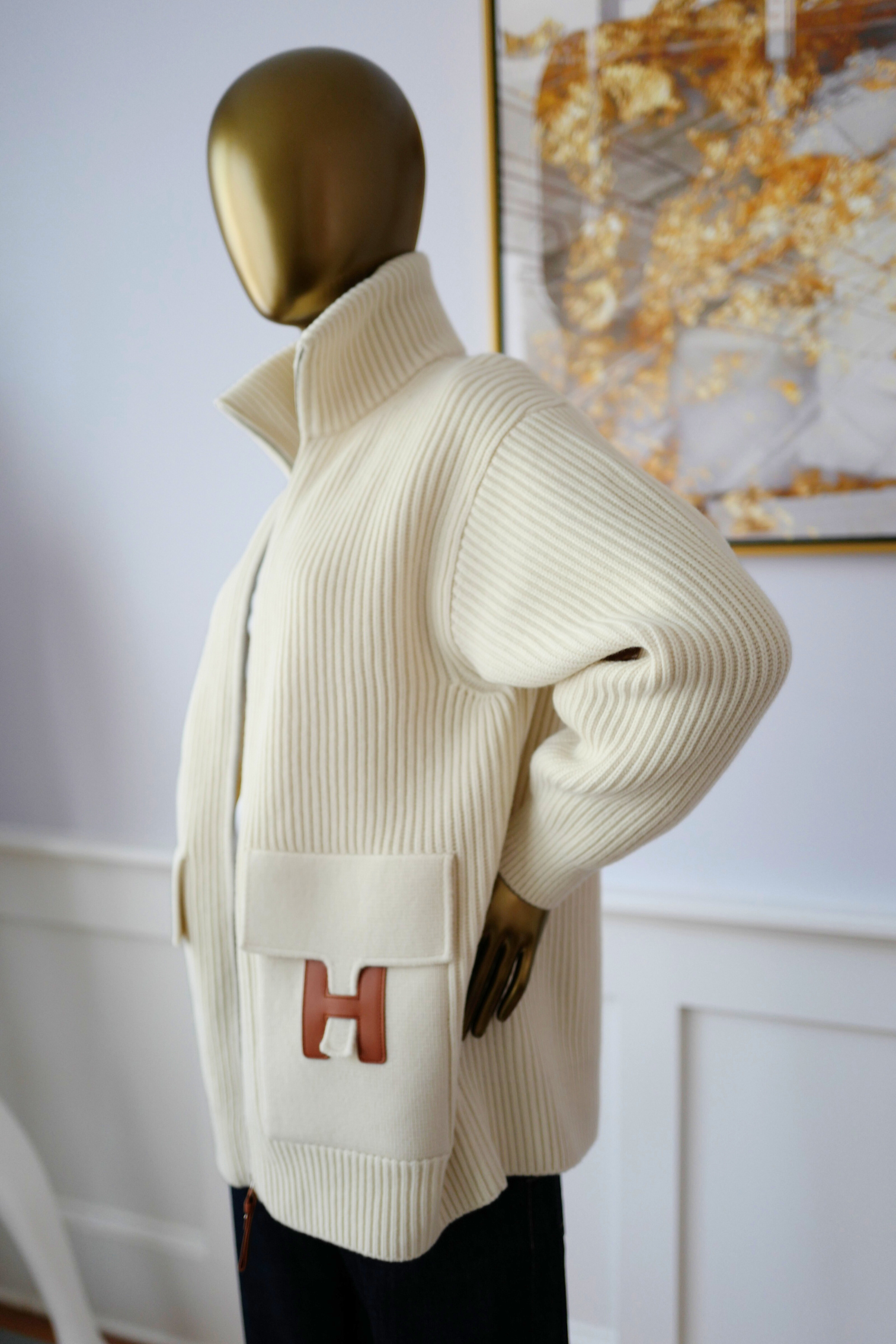 New Hermes Blouson Details Cuir cardigan Virgin Wool size 36
