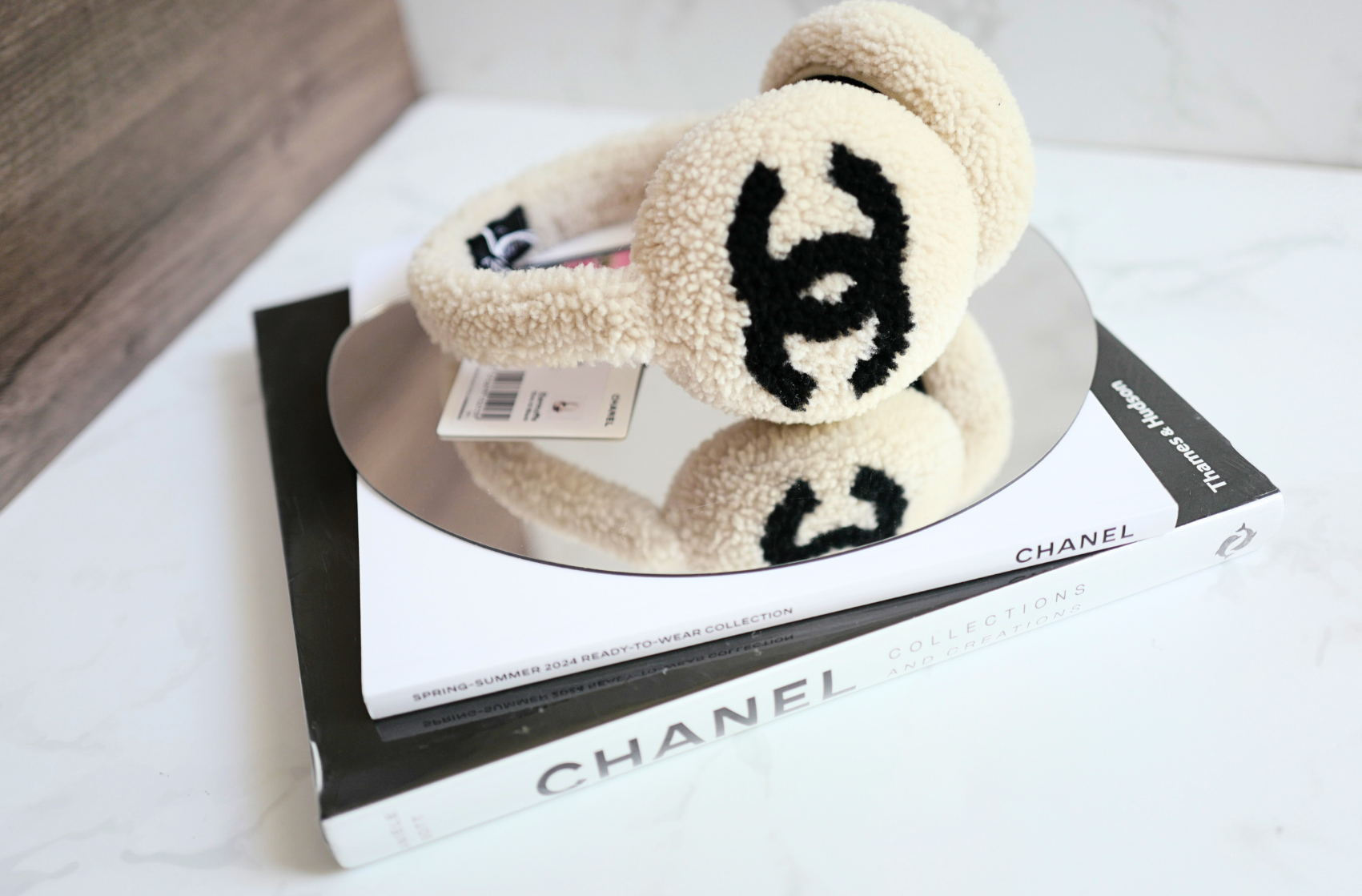 BNIB Chanel CC Earmuffs in Shearling Wool Ecru/Black