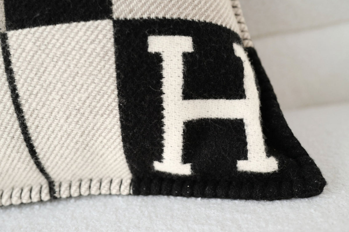 New Hermes Avalon III Jacquard Cushion Petit Modele Wool Cashmere Ecru Noir