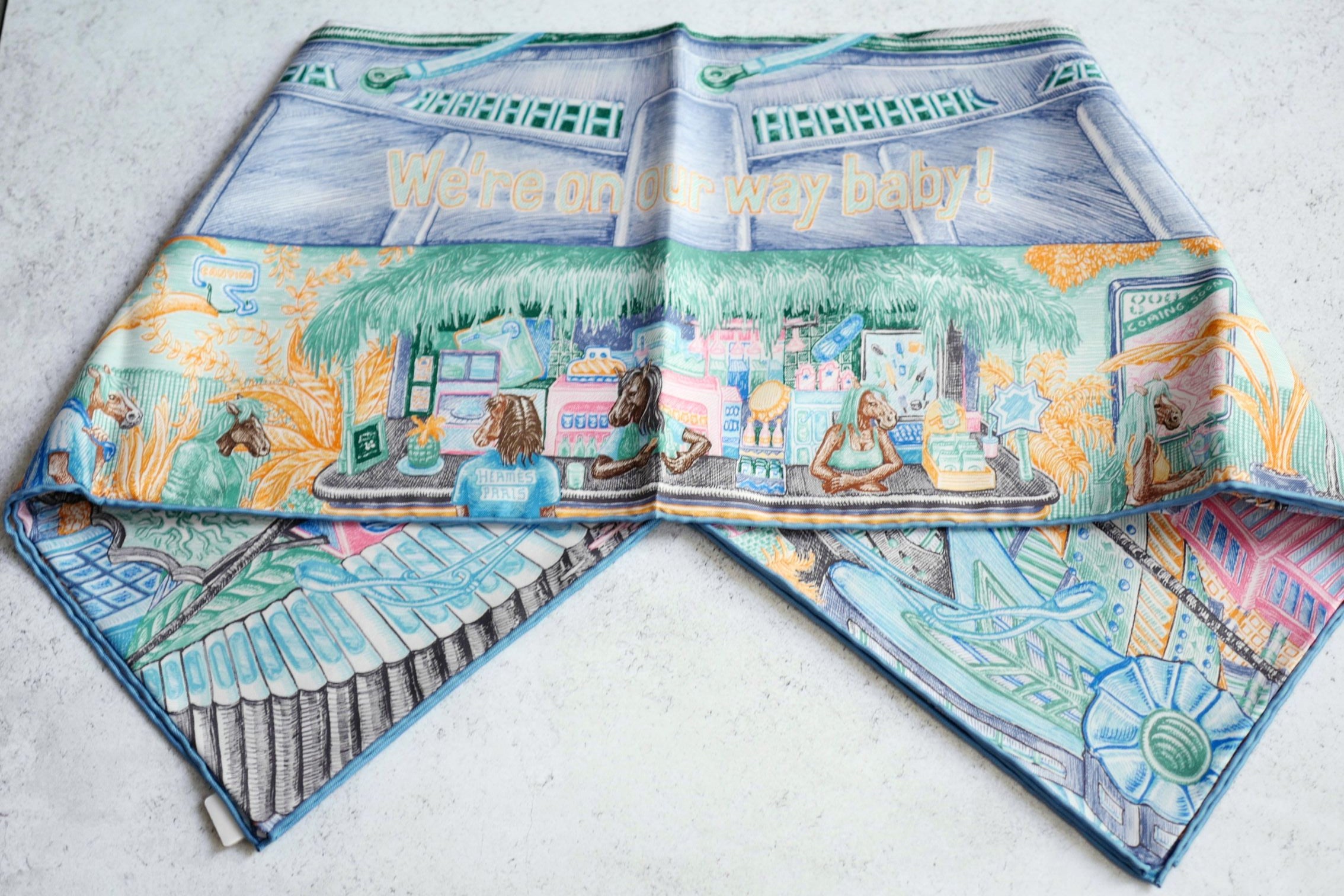 Hermès City of Light Scarf Bleu Jean/Rose/ Vert Véronèse 100% Silk 90