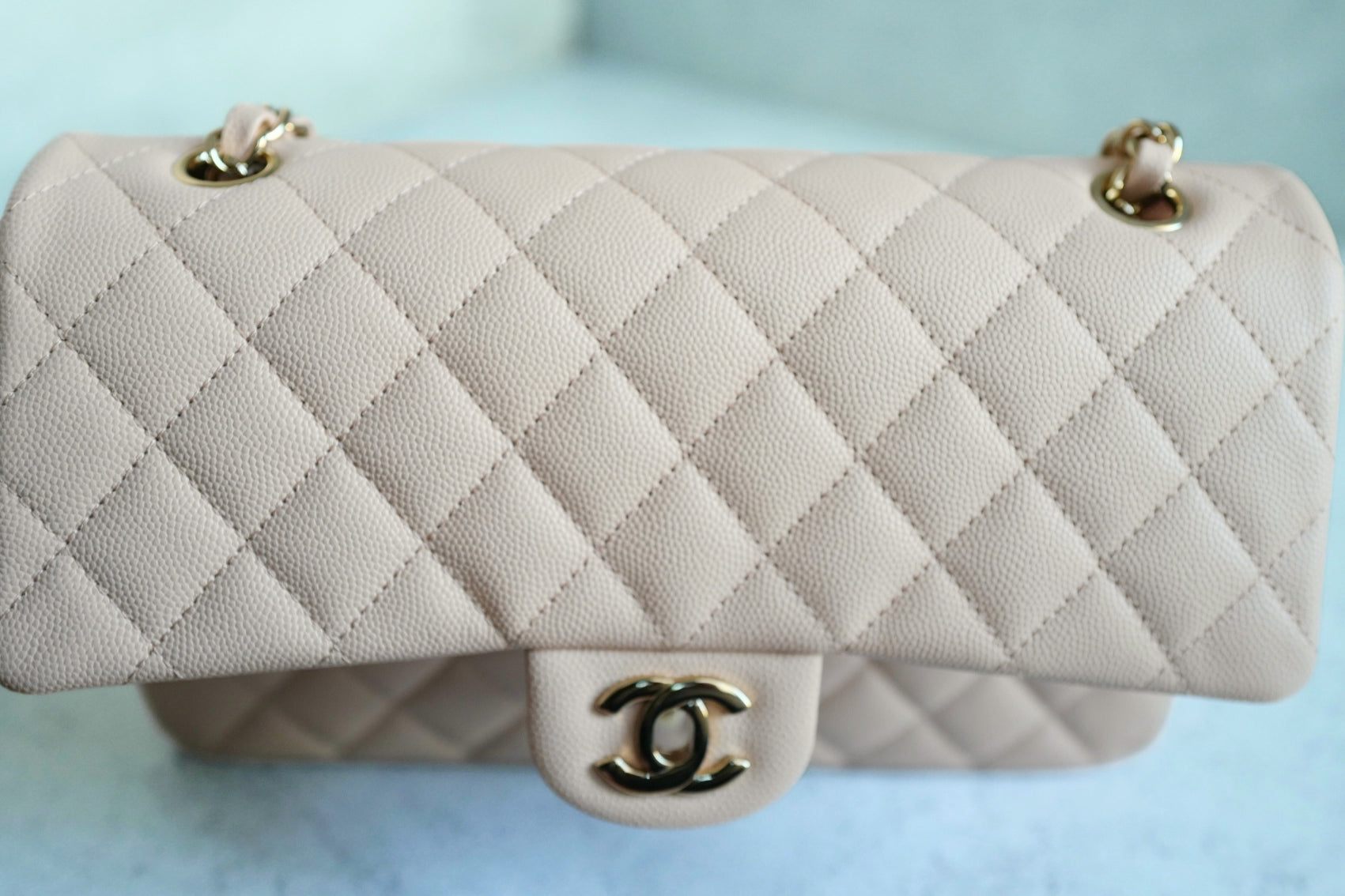 BNIB Chanel Medium Classic Double Flap Bag Beige Clair Grained Gold Hardware