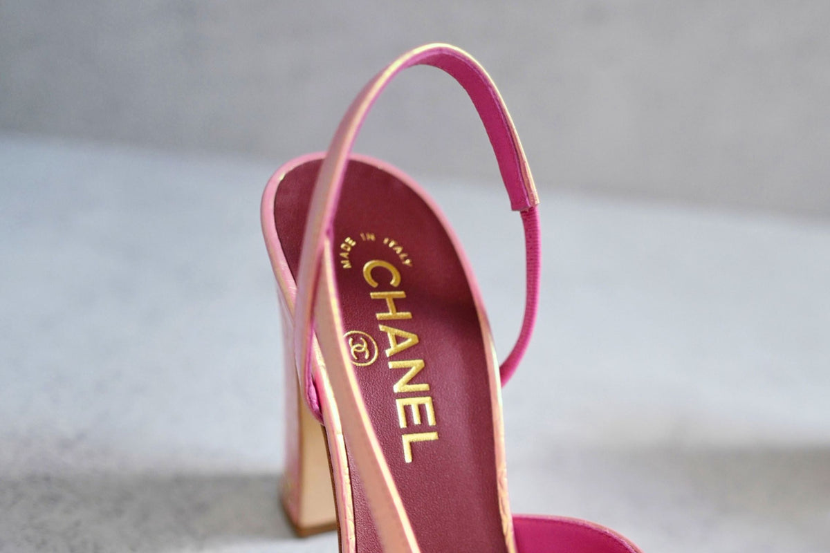 Chanel 26K Matthieu Blazy's Sling Backs Croc Embossed Calfskin Pink Size 38