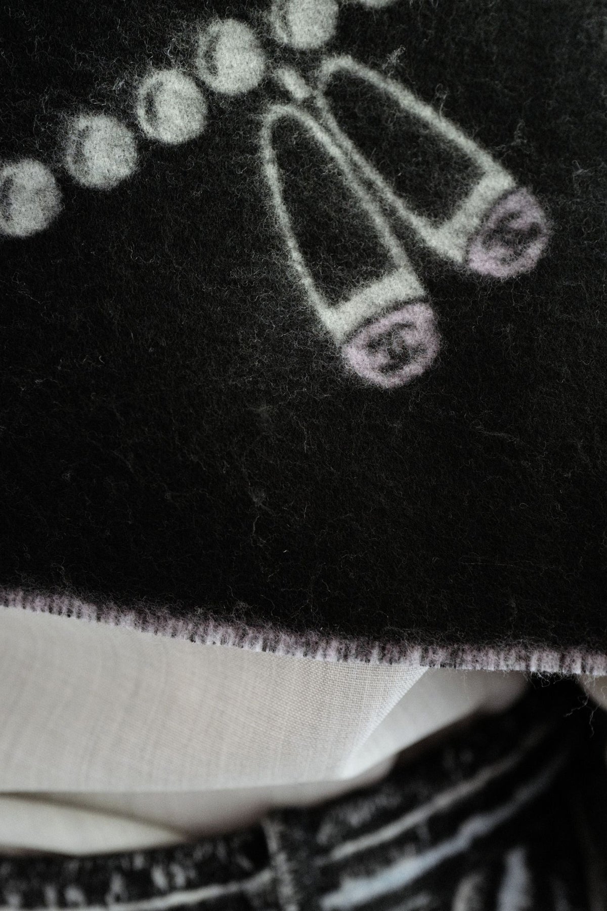 NEW Chanel 25B Black White Wool & Silk Scarf with Pearl Decoration