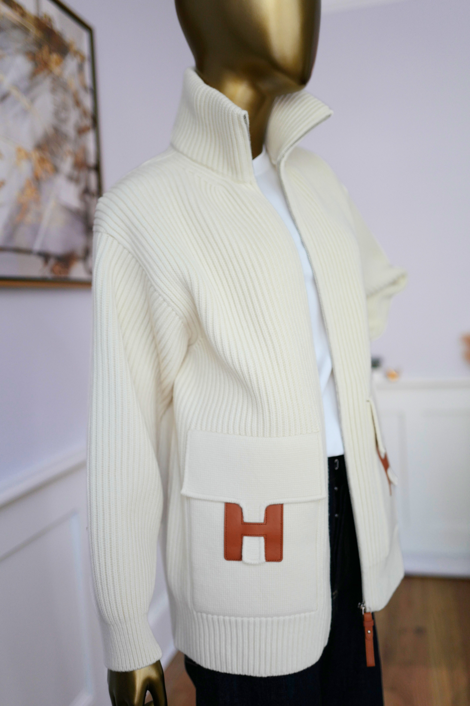 New Hermes Blouson Details Cuir cardigan Virgin Wool size 36
