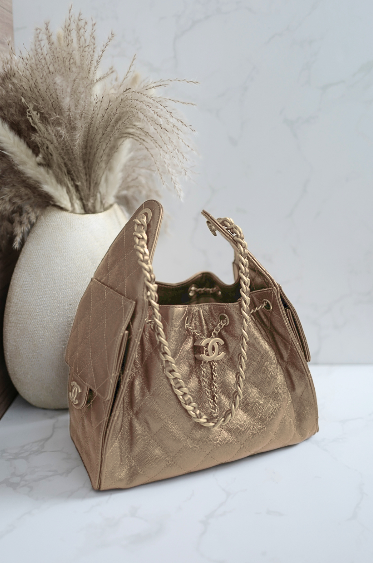 NEW CHANEL Spring-Summer 2025 25S Small Hobo Bag Metallic Grained Calfskin Bronze
