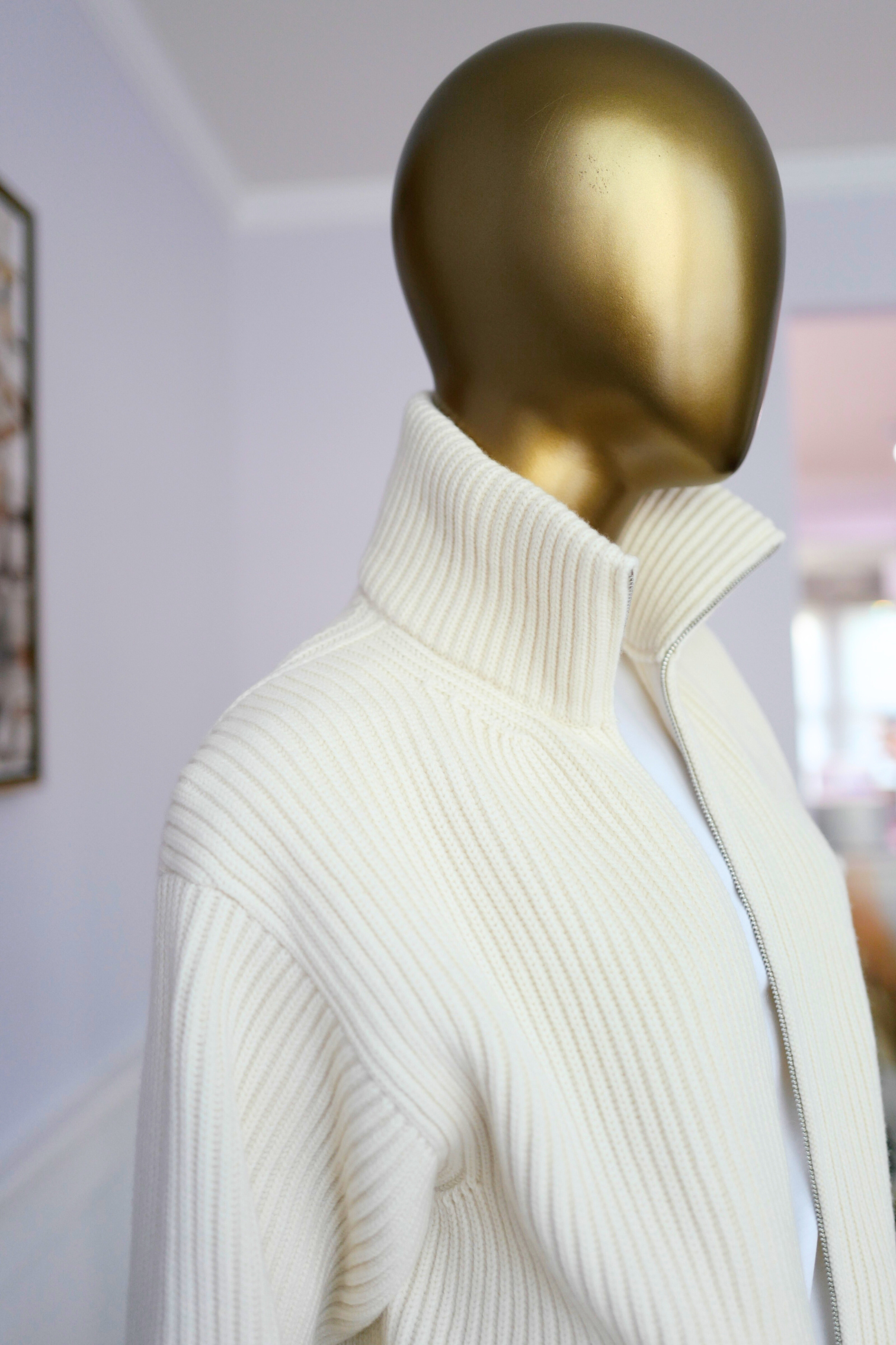 New Hermes Blouson Details Cuir cardigan Virgin Wool size 36
