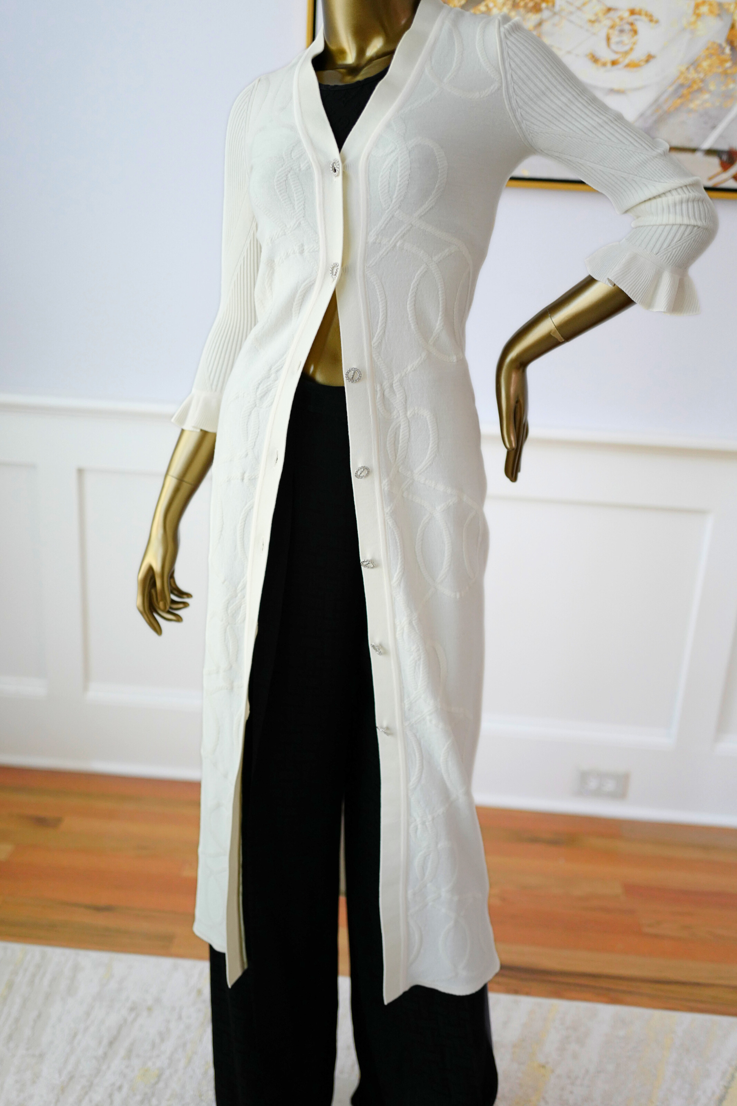 New Hermès Palefroi Remix Light Half-Length Sleeve Long Cardigan Blanc Naturel Size 34