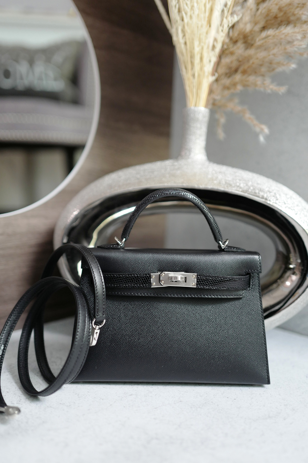 BNIB Hermes Mini Kelly Touch Veau Madame Lizard Black with Palladium HW