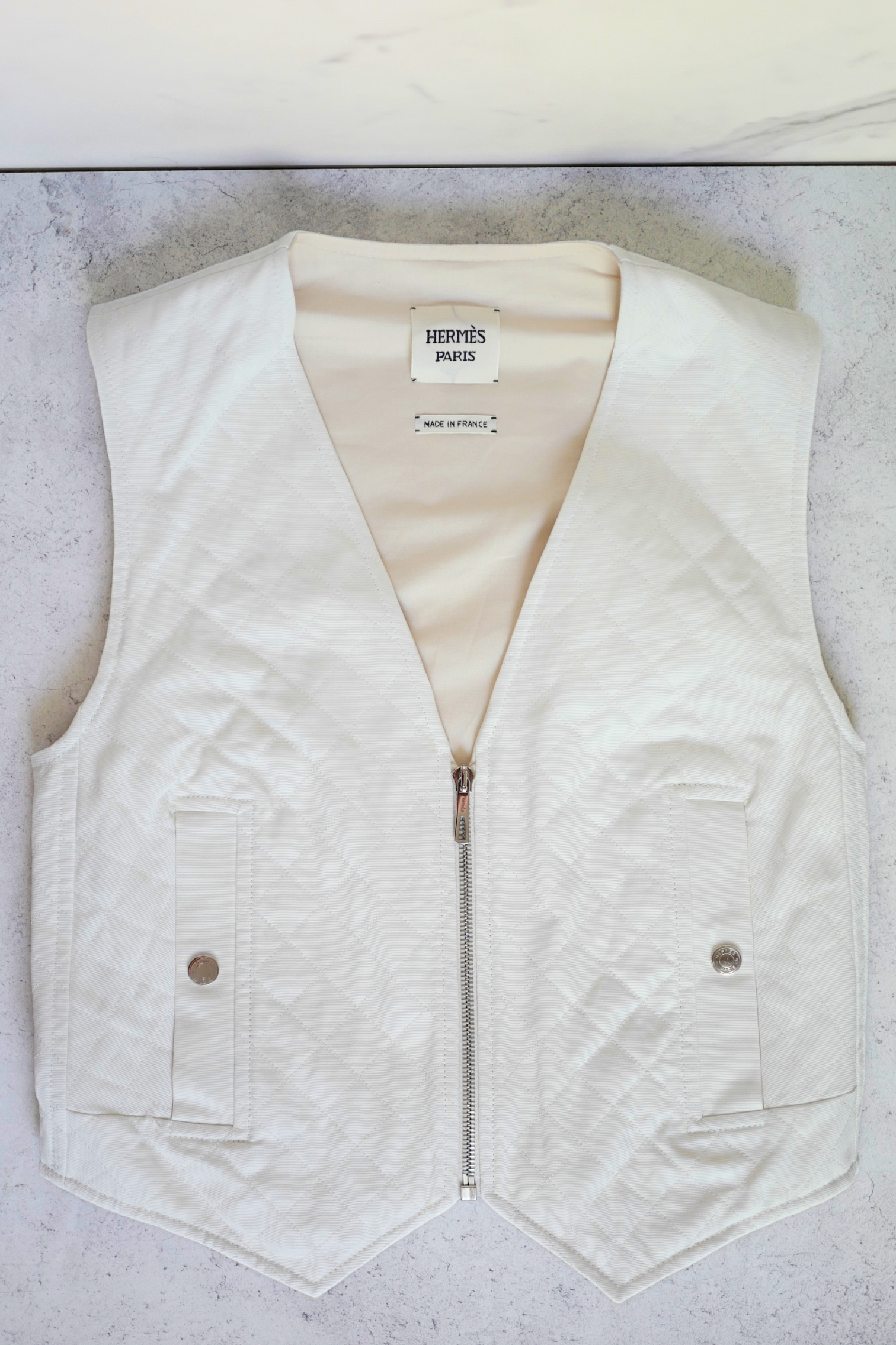 New Hermès Quilted Sleeveless Waistcoat Vest Blanc Naturel White Size 34