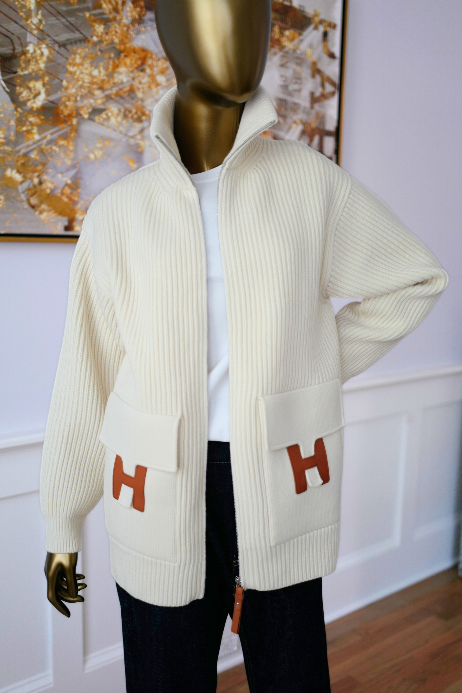 New Hermes Blouson Details Cuir cardigan Virgin Wool size 36