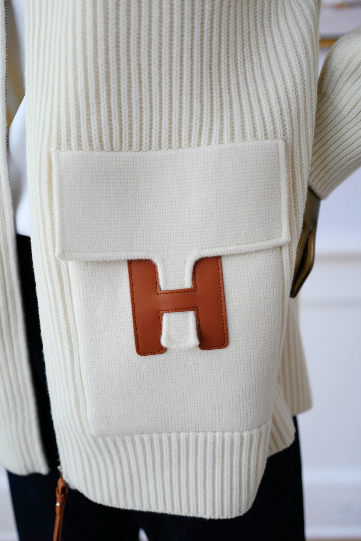 New Hermes Blouson Details Cuir cardigan Virgin Wool size 36