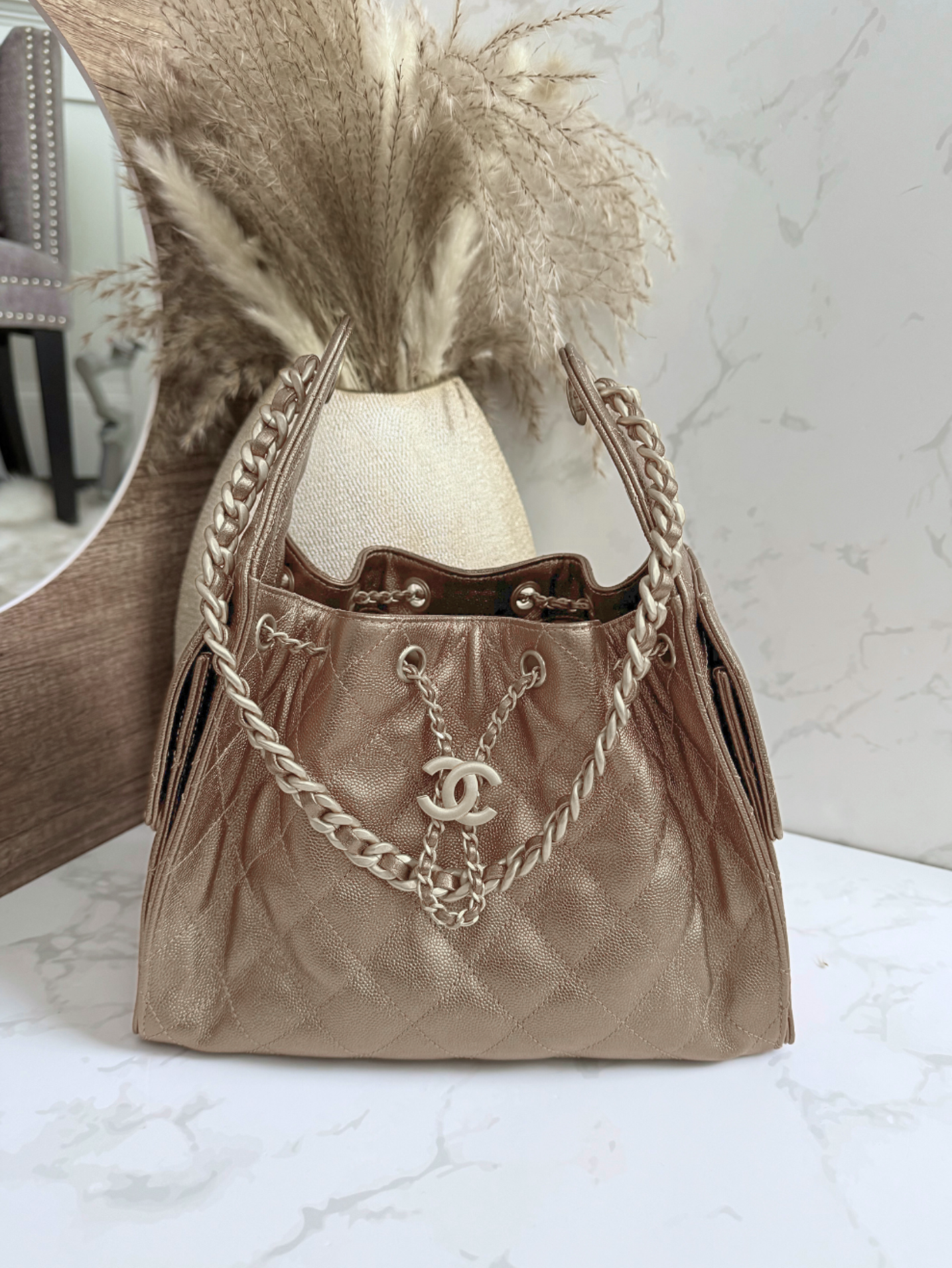NEW CHANEL Spring-Summer 2025 25S Small Hobo Bag Metallic Grained Calfskin Bronze