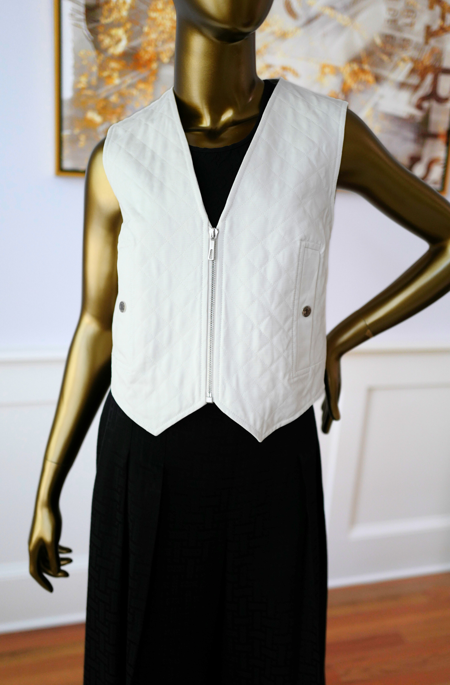 New Hermès Quilted Sleeveless Waistcoat Vest Blanc Naturel White Size 34