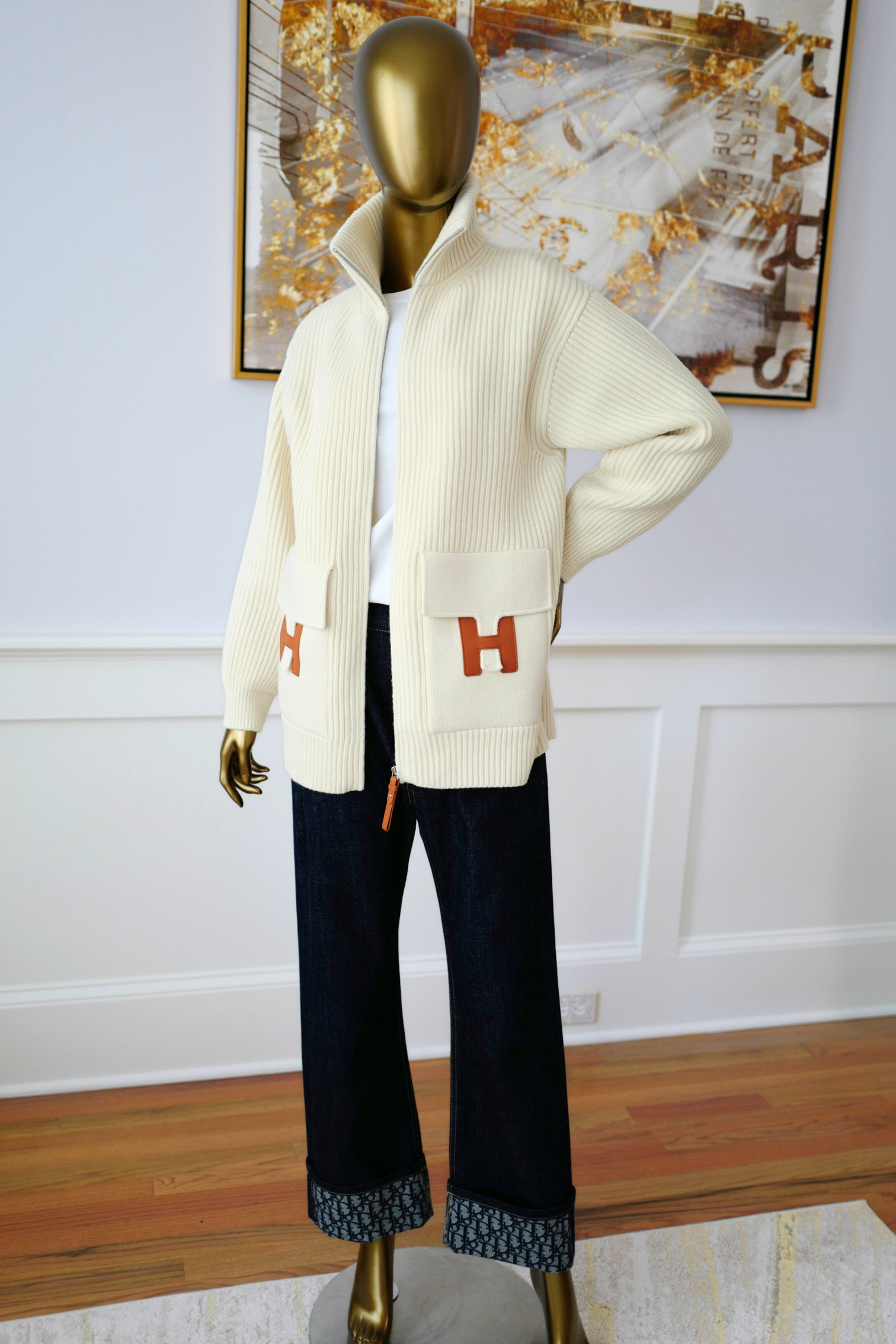 New Hermes Blouson Details Cuir cardigan Virgin Wool size 36
