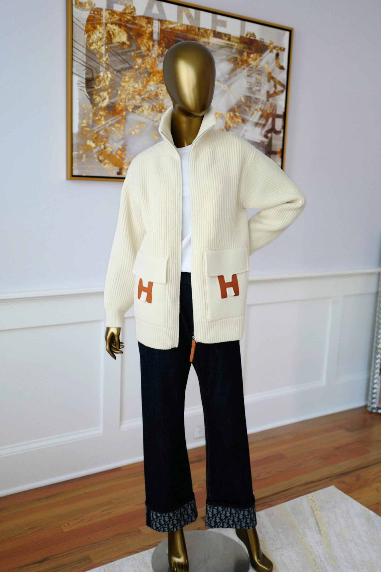 New Hermes Blouson Details Cuir cardigan Virgin Wool size 36