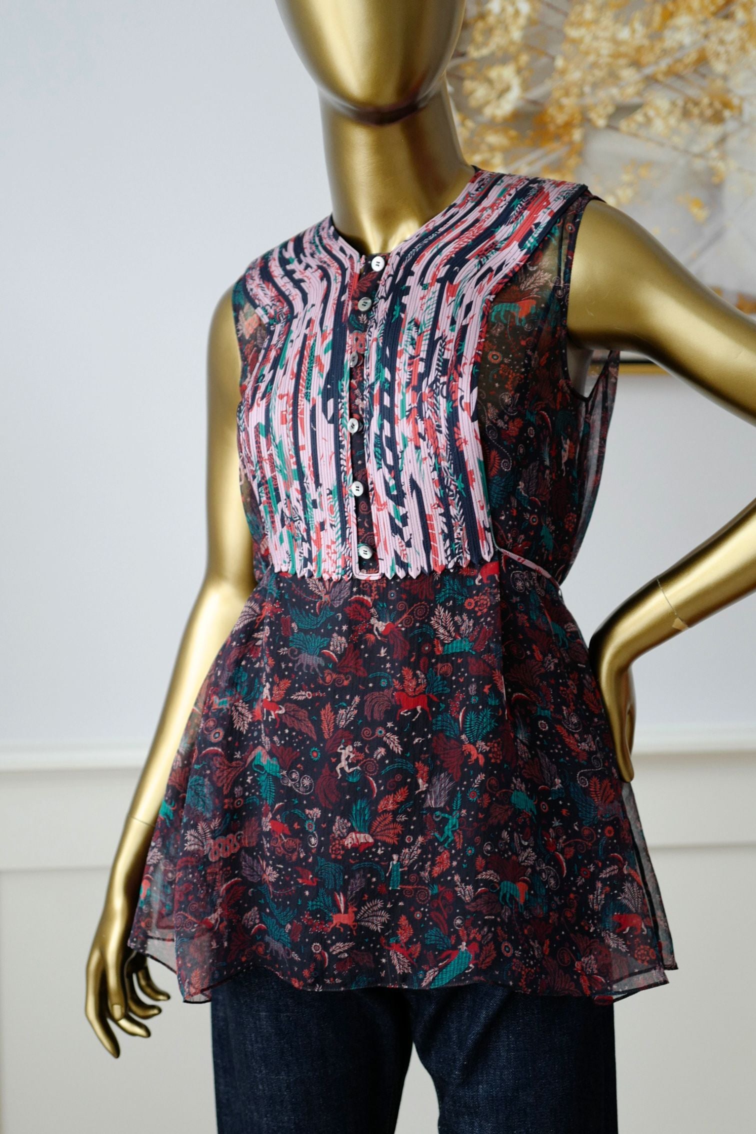 Hermes Silk Blouse Ennobli A Plastron Ox Bleu Marin Sleeveless 36 NEW Two Pcs